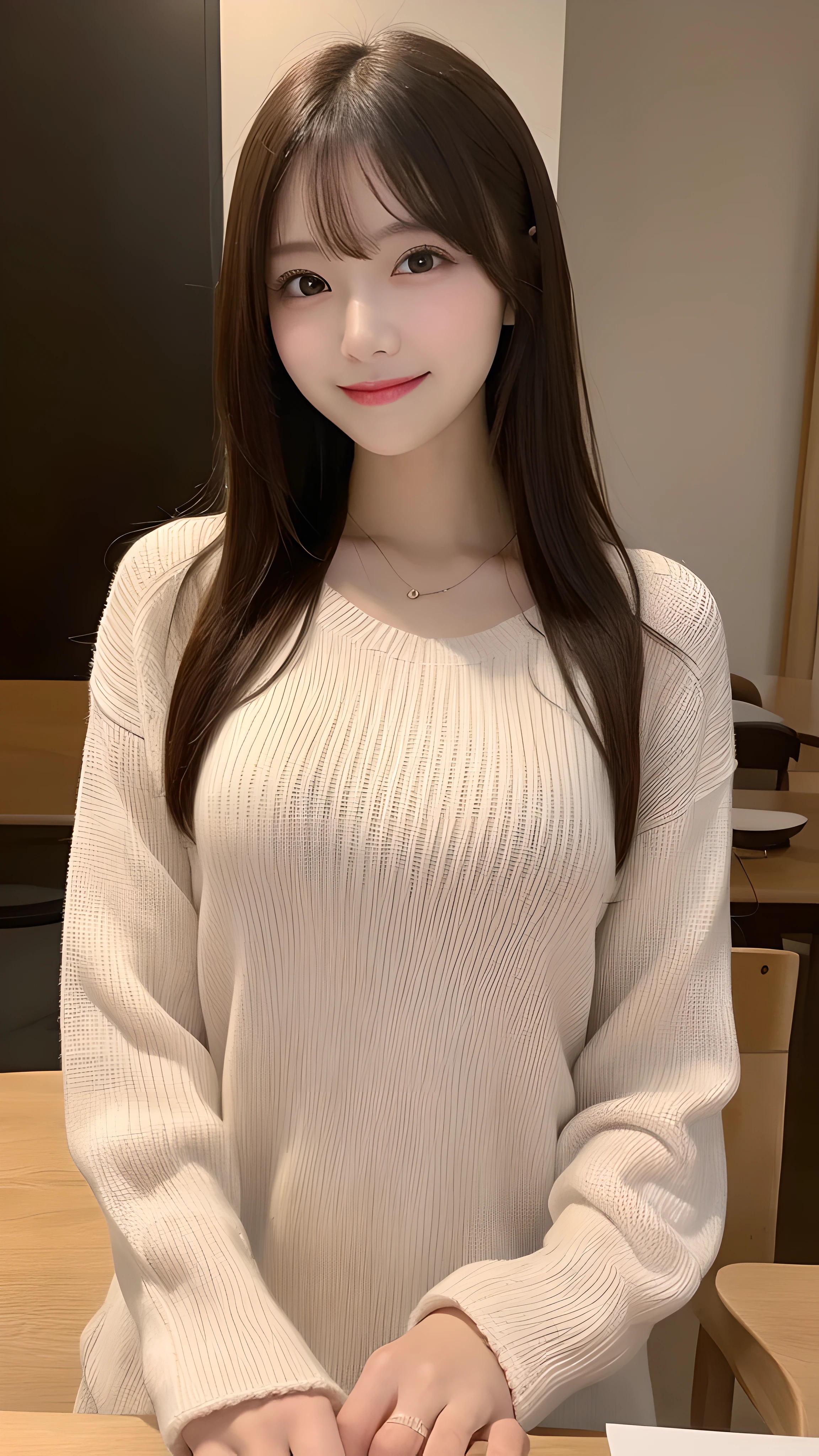 table top, highest quality, shape, Super detailed, finely, High resolution, 8k wallpaper, 完璧なダイナミックな構shape, finelyて美しい目, navy long sleeve knit dress,straight hair,small breasts natural color lip, random sexy pose,smile,Home、27 year old girl、cute、sexy shot looking at camera,perfect and beautiful face, 最高のsmile
