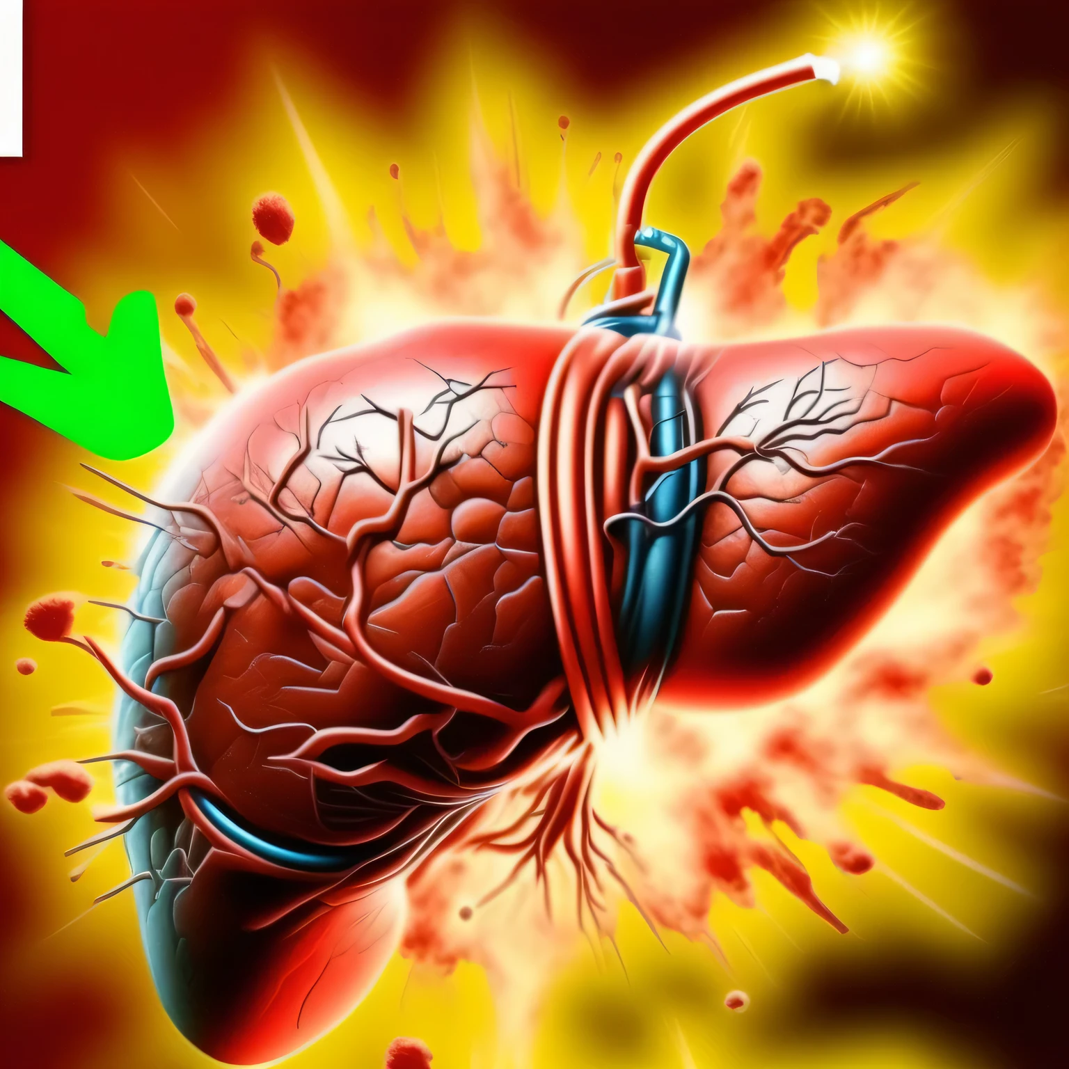 an image of a liver with a green arrow pointing to it, cardiac effects, vida de inseto dentro do corpo humano, organs, lungs from the edge of the heart, with organs labeled, exsudando bile ), rim, with organs, Tumores, imagem de perfil, illustration, Tumores, medical representation, high particle effects, body swelling about to explode, HD illustration