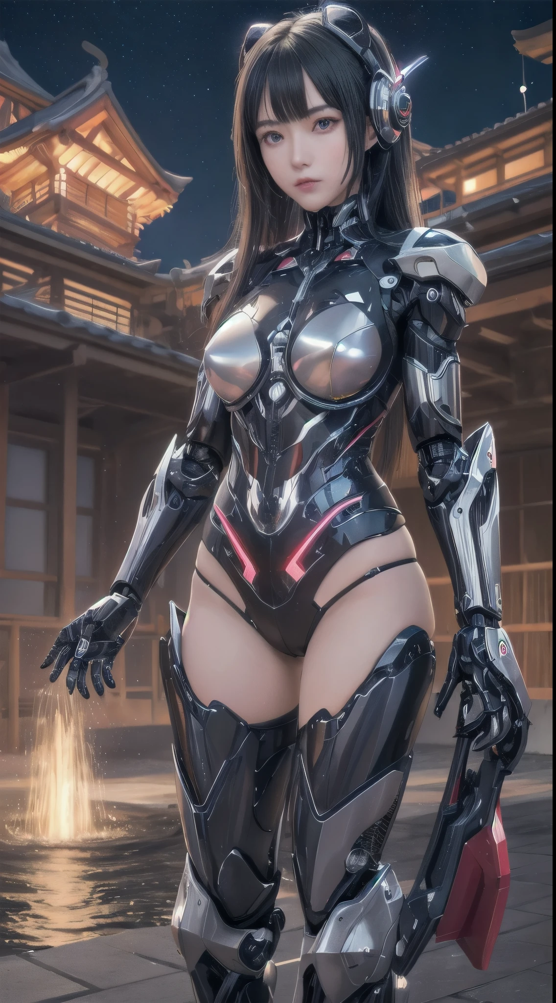 cowboy shot, caustics,reflection,ray tracing,devil theme,nebula,dark aura,cyber effect, (1 girl:1.4),alone,alone,mecha musume,mechanical parts, robot joints,single mechanical arm, headgear, mechanical harrow,hello star,intricate mechanical bodysuit, mech corset, kimono, full armor, very long hair,gray hair, hair between eyes, colorful hair, inner hair coloring, red eyes,glowing eyes,Eye marks, random expression,random action, ancient japanese architecture,pool, starry sky,skyline,