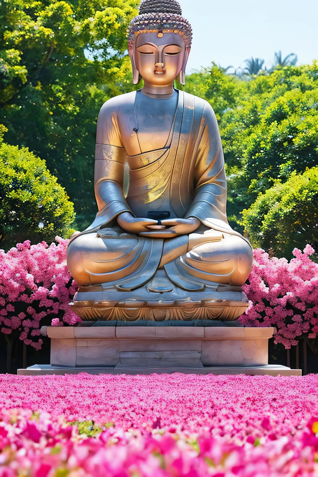 明るい背景のGreat Buddha像　Great Buddha　solo front　looking here　halo is shining　upper body only　body is 70 on screen%Profession　hold hands　Like a photograph　The background is full of flowers　The background color is pink wonderful background