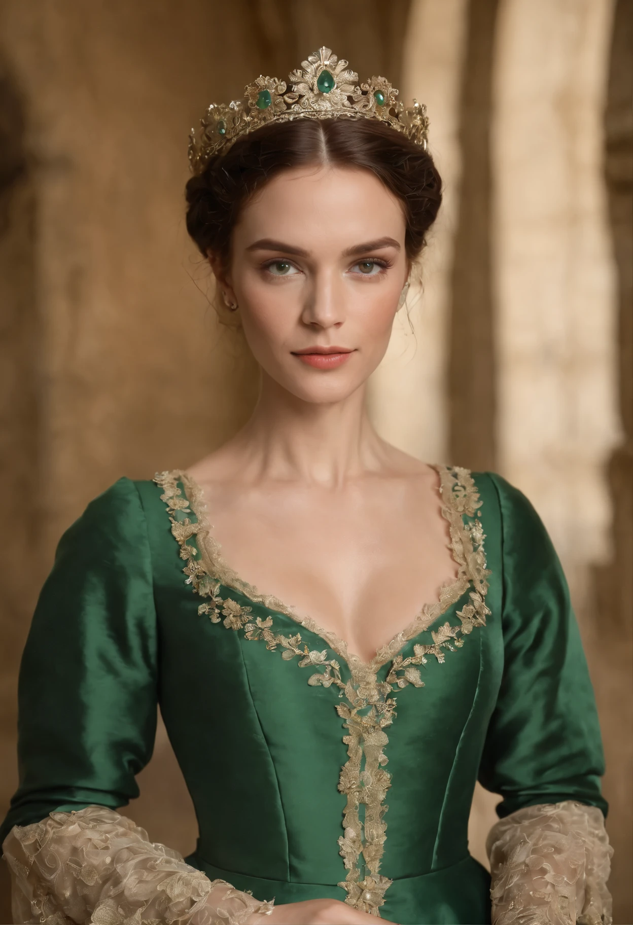 a woman wearing a green dress and standing in a room, roupas verde-escuras ornamentadas, ela usa um vestido verde escuro, vestindo roupas elegantes Tudor, usando um vestido estilo tudor, Manto verdes, dressed in a Manto verde, vestes medievais, estilo medieval, wearing dark Manto verdes, Manto verde, wearing only a Manto verde, vestido real ornamentado retrato focado mulher ruiva gengibre palido olhos verdes, com roupas brancas e detalhes em folhas douradas de oliva estilo olimpo deusas gregas, fundo verde royal, luzes quentes de ouro atras goddness

