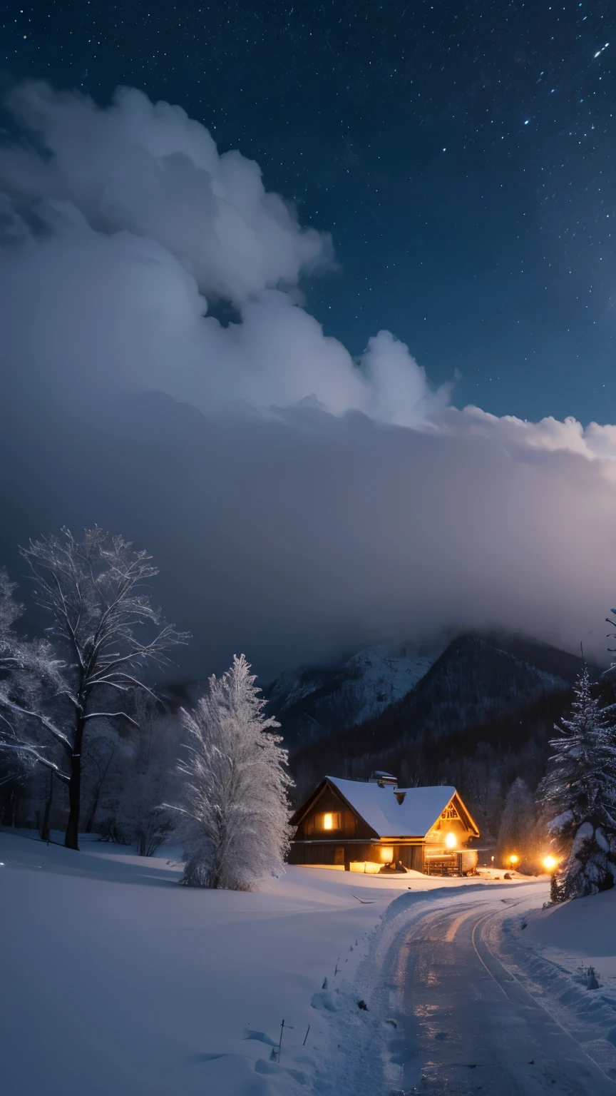 winter,In the deep mountains and old forests,night,rainy night,village,field,rural area,How many houses have lights on?,The chimney rises with smoke,Authentic art style,ultra high definition,8k,masterpiece,realism
