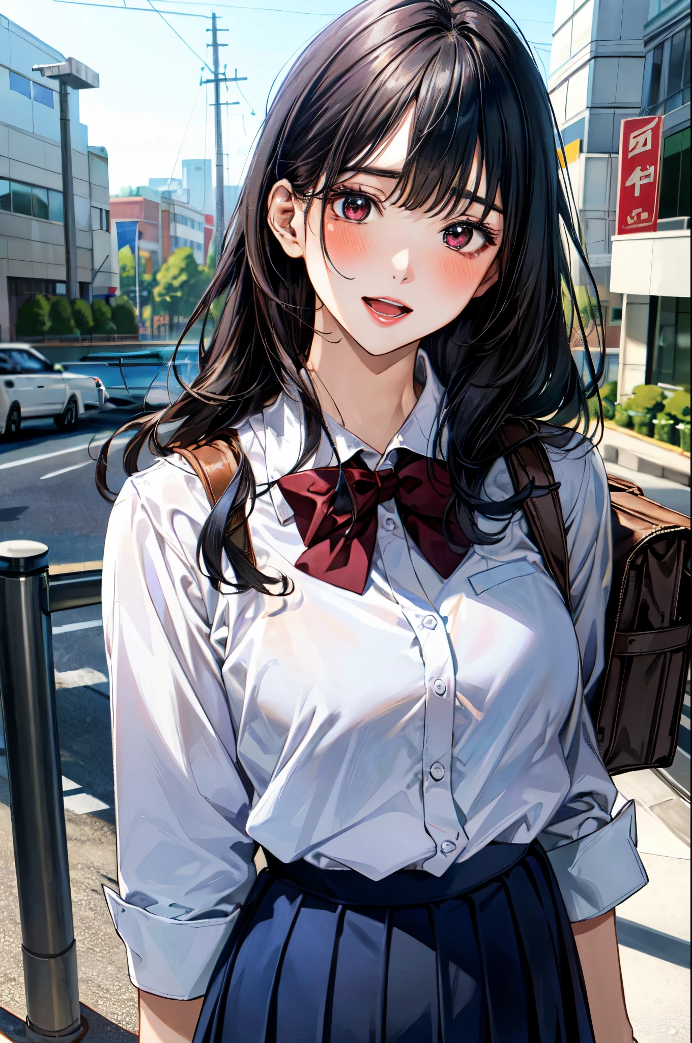 (masterpiece:1.2, top-quality), (realistic, photorealistic:1.4), beautiful illustration, (natural side lighting, movie lighting),
looking at viewer, (face), 1 girl, japanese, high school girl, perfect face, (perfect anatomy), cute and symmetrical face, shiny skin,
(middle hair, straight hair, black hair), asymmetrical bangs, dark red eyes, long eye lasher, (medium breasts, seductive thighs, big ass),
beautiful hair, beautiful face, beautiful detailed eyes, beautiful clavicle, beautiful body, beautiful chest, beautiful thigh, beautiful legs,
((insanely detailed clothes, white collared shirt, navy pleated skirt, dark red bow tie)), navy school bag,
(beautiful scenery), depth of field, evening, (riverside, cityscape in the distance), (blush, half-open mouth),