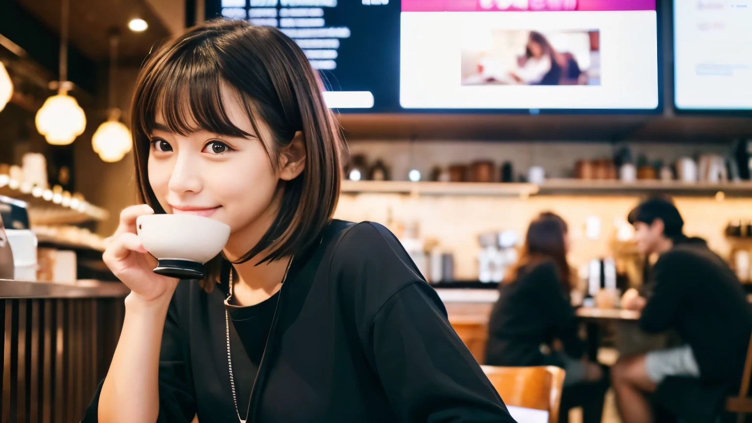((最high quality, 8k, masterpiece: 1.3)), perfect face,Inside a stylish cafe in New York、A scene in which a beautiful model-like woman with big breasts is drinking a latte and studying on a laptop.,All around you, you can see other customers enjoying their time.。At the back of the cafe、The staff are busy working at the counter.、You can feel the liveliness and warmth typical of urban cafes., sharp focus, 1 girl, Sexy 1.2, brown hair, With bangs, (layered short hair), (big: 1.5), fine eyes, Beautiful eyes with long slits, double eyelid, (cat face), (cute Face), cute Smile, (close your mouth), (cute), soft skin, Show the whole body, surreal, super detailed, high quality, (Beautiful female college student with short hair studying in a cafe), ((詳細な非常にcute女子大生), ((big胸 It can be seen even through clothes))