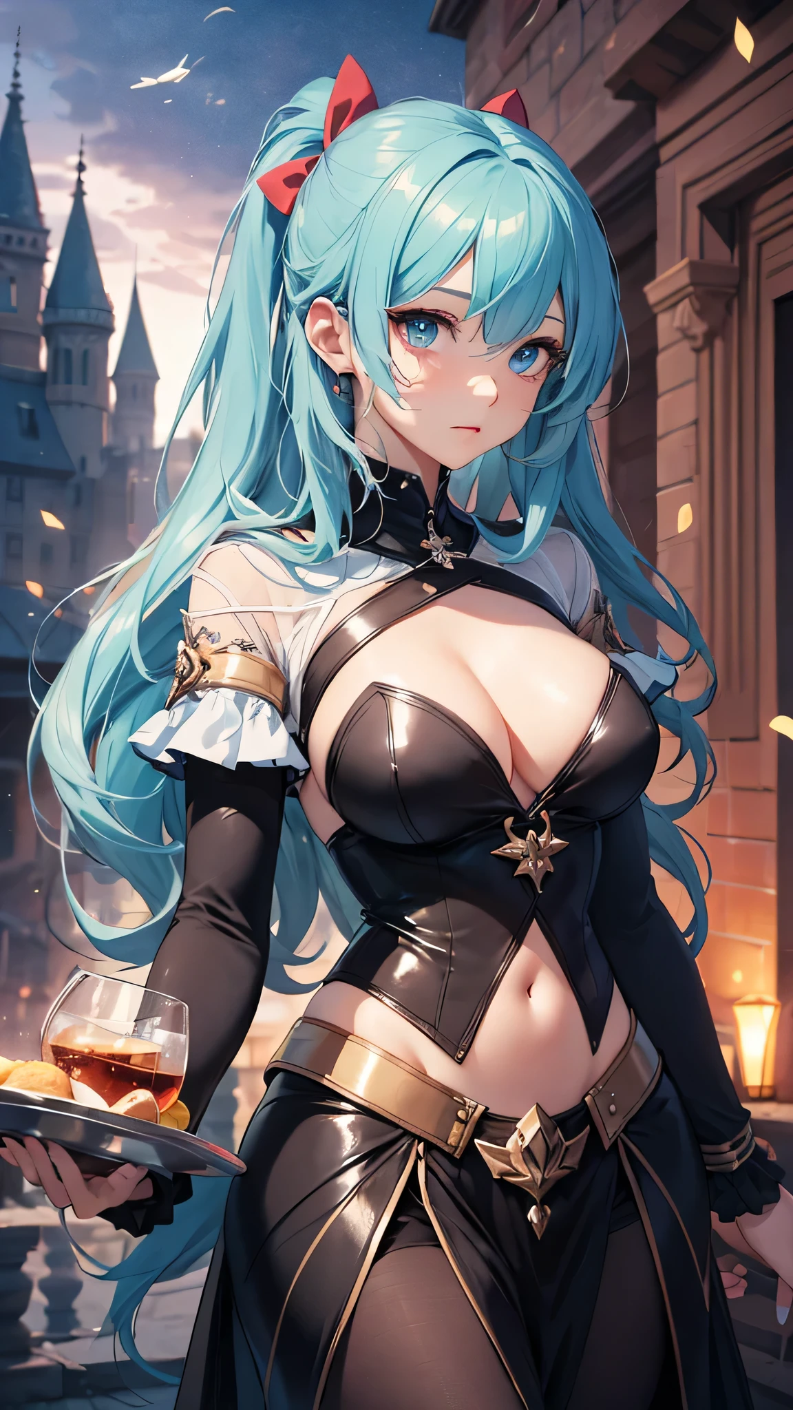 最high quality、best image quality、masterpiece、girl((20-year-old、 By becoming、vest bust、medium bust,wide open breast tea、shining eyes, light blue hair、long hair、thin,highest valley、ponytail、action of looking up、bandage、black dress、long skirt、Rear view、emphasize the buttocks,surprised face、mid-waist、tears)),high quality、beautiful art、background((Gorgeous castle、beautiful atmosphere))、Flight、debris flies、Depth of written boundary、movie、visual art、perfect art、8k,genuine、