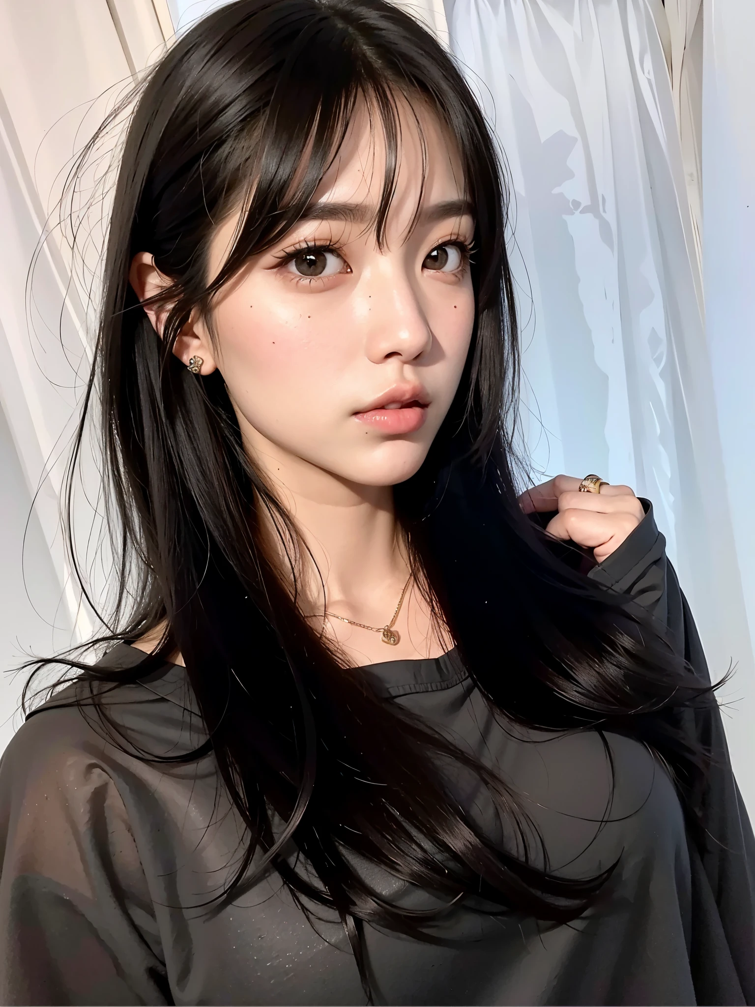 Melhor qualidade, 8K, um close de uma mulher com cabelos longos e uma camisa cinza, Ulzzang, she has black hair Com franja, Com franja, franja longa e reta,  coreana, Sakimichan, Jinyoung Shin, Linda jovem coreana, long dark hair Com franja, Linda jovem coreana, neat hair Com franja, linda mulher sul-coreana, Retrato de Jossi do Blackpink