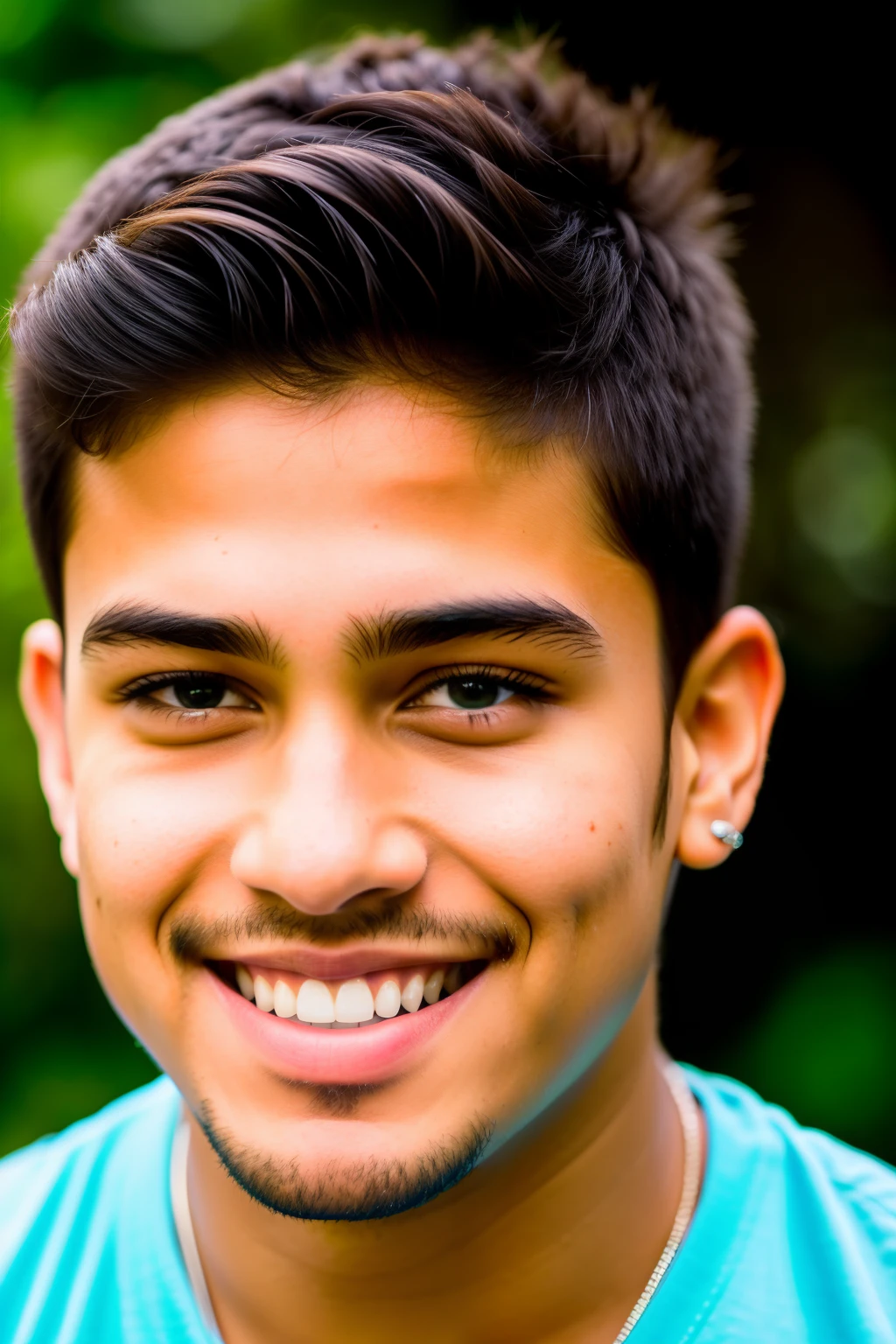 RAW photo in sequence, uma foto de um jovem indiano de 15 anos, ((close up, retrato, sorriso)), wearing a T shirt and short pants, cabelos curtos, Sony a7ii, ((imagem detalhada do rosto, feliz e vibrante)), planos de fundo detalhados pouco desfocados, luzes naturais, HDR, foto realista, foto profissional, flerte com o espectador, cinematic visual, fotorrealista, Linda, pele natural, 8K UHD, alta qualidade, film
