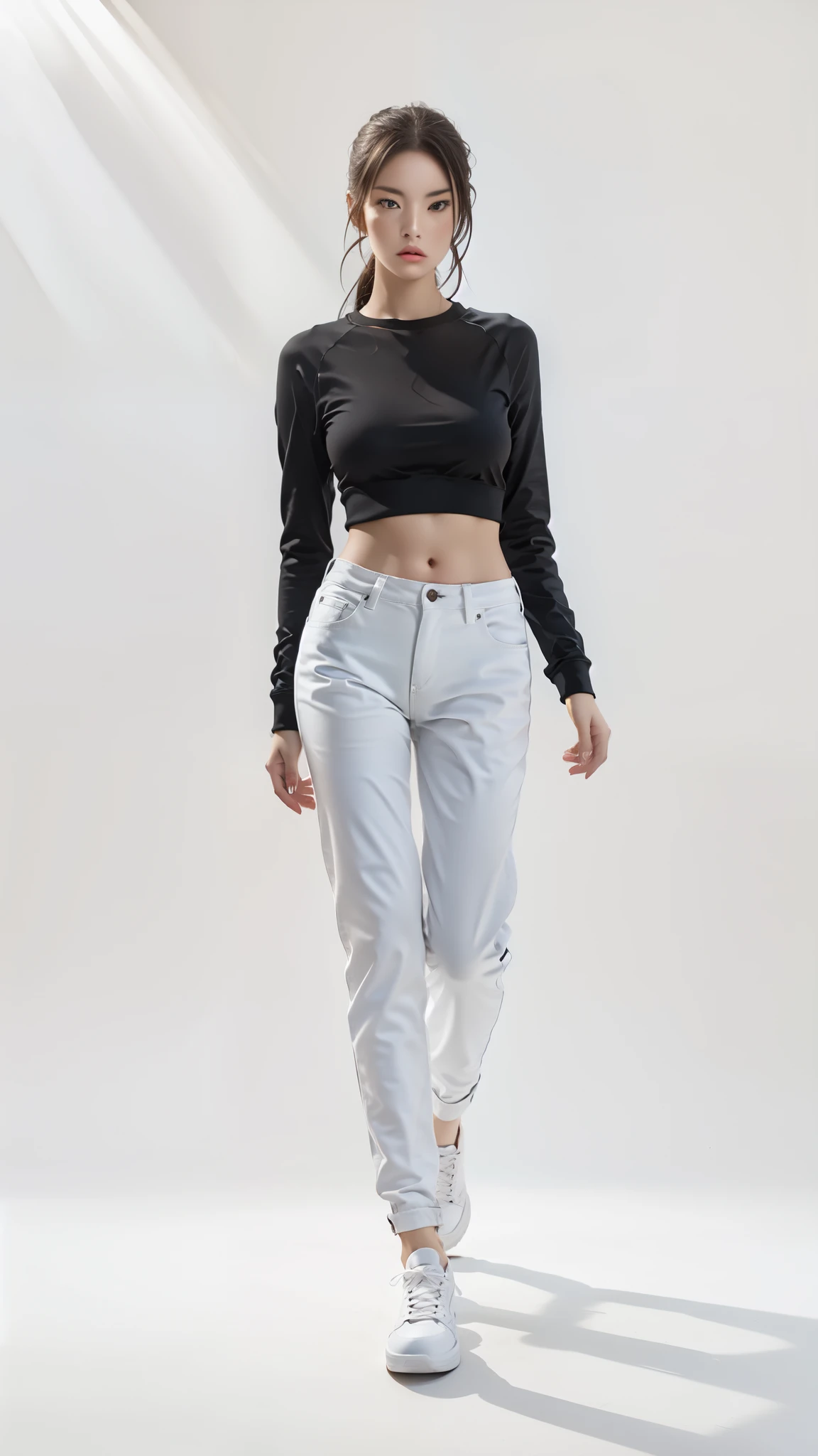 16K, Masterpiece, photorealism, A girl walks to her full height, a girl with dark long hair, a girl dressed in a white top, light jeans, white sneakers, white background,