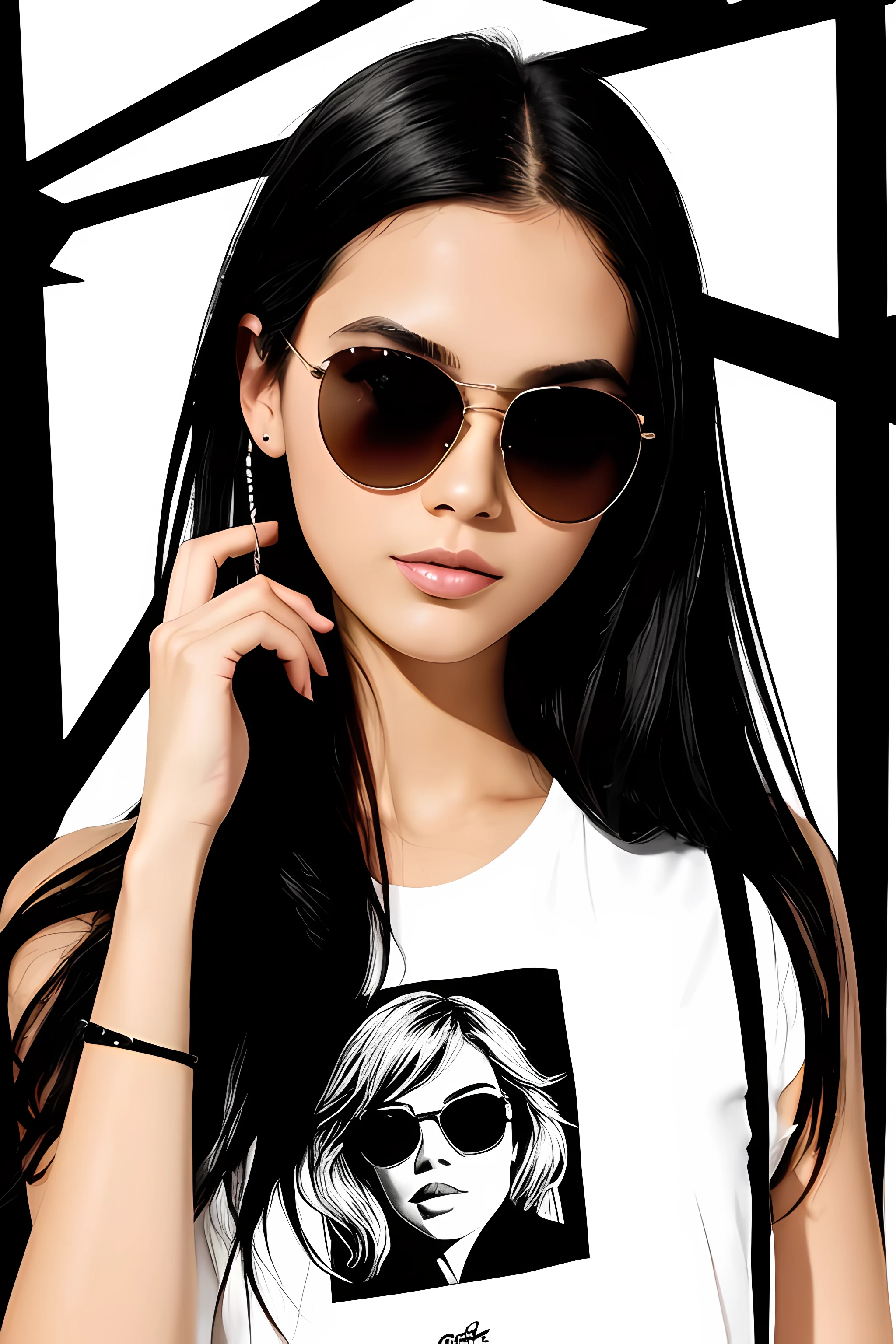 a {distance from view, vector for t-shirt design, funky girl with sunglasses }, in the style of fashion illustration, svetlin velinov, dark white and black, street fashion, raphael, soft-edged, strong lines