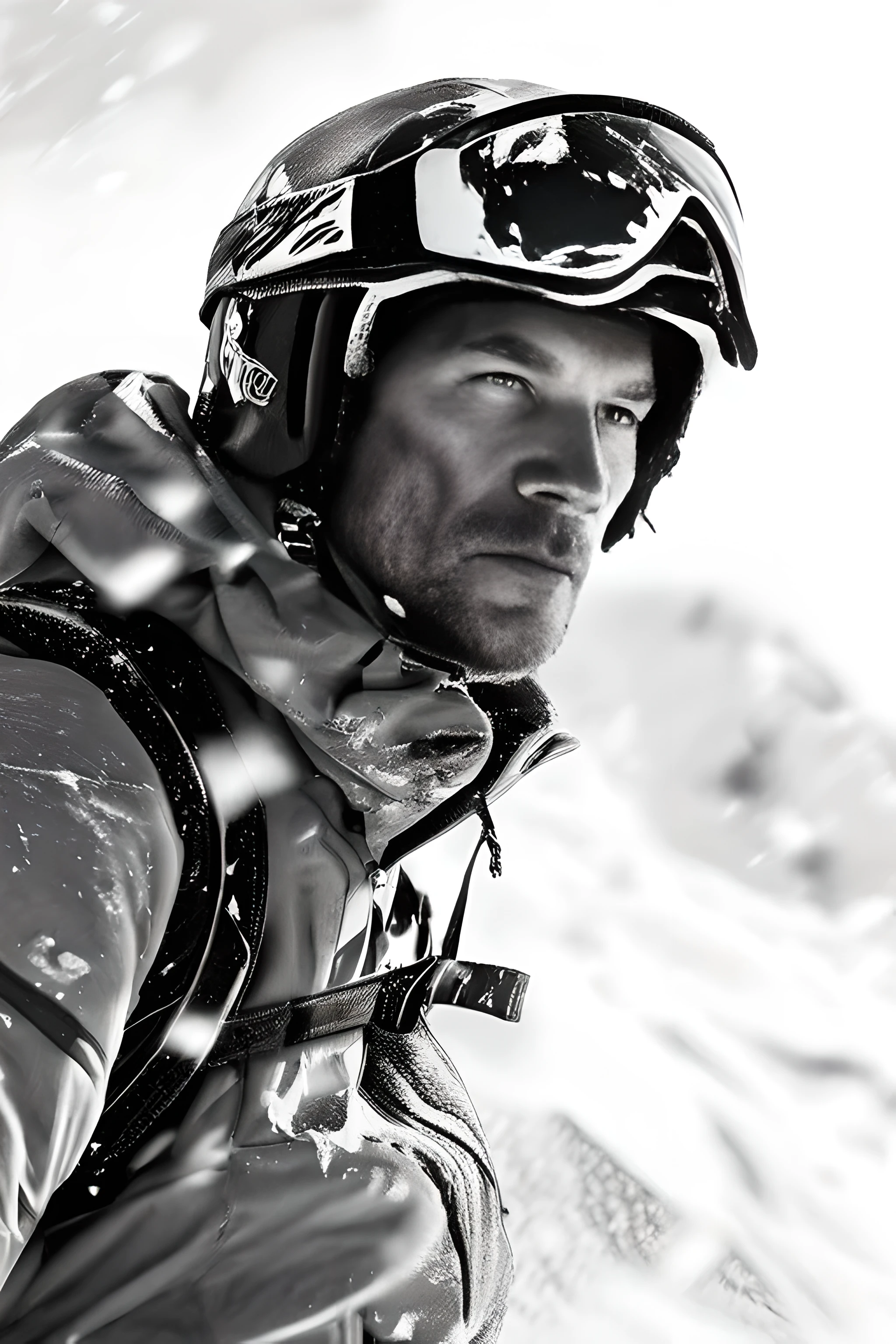 Arafed wearing a helmet and goggles on a snowy mountain, Jason Statham skiing, Sasha Schneider, Explicit, inspiring, motivational, Salomon ван Аббе, Salomon, inspired Salomon ван Аббе, Inspiration, Dietmar Damerau, an adventure, Kai multiply, look, Rough face, very very very epic