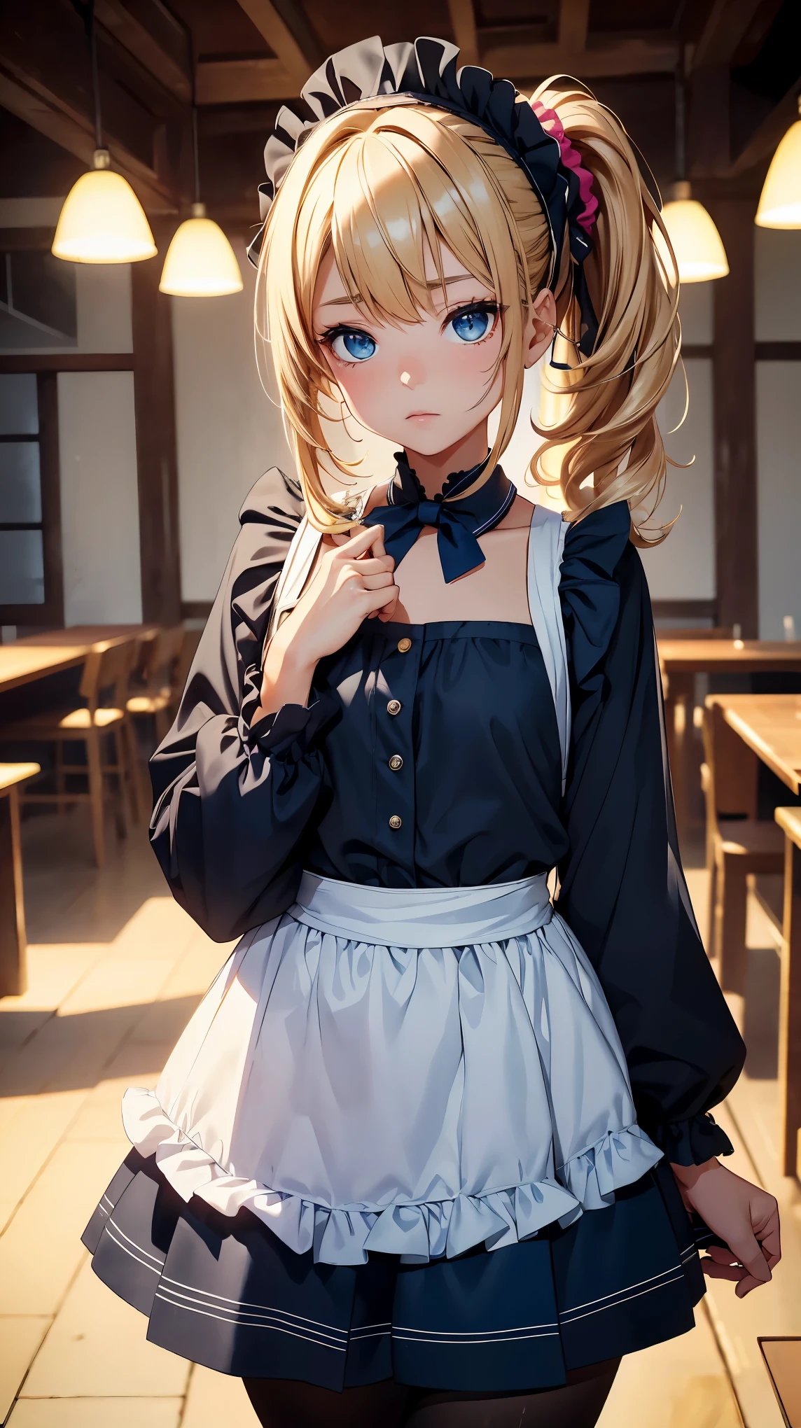 (8k, RAW photo, 最high quality, masterpiece:1.2), High-definition RAW color photo, Professional photo shoot, cinematic light, alone, (((young woman))), (detailed expression), (round eyes), (small face), (high detail skin:1.2), clavicle, cute face, beautiful appearance, long eyelashes, (golden hair, side ponytail, blue eyes), hair scrunchie, hair ornaments, blue scrunchie, maid headdress, apron, hair between eyes, chest, long sleeve, bangs, white shirt, black dress, side lock, メイド apron, black pantyhose, shiny skin, perfect fingers, five fingers, anatomically correct, background bokeh, high quality, surreal, bright colors, ((Nikon, 135㎜, f/1.8, very detailed, photo shoot)),