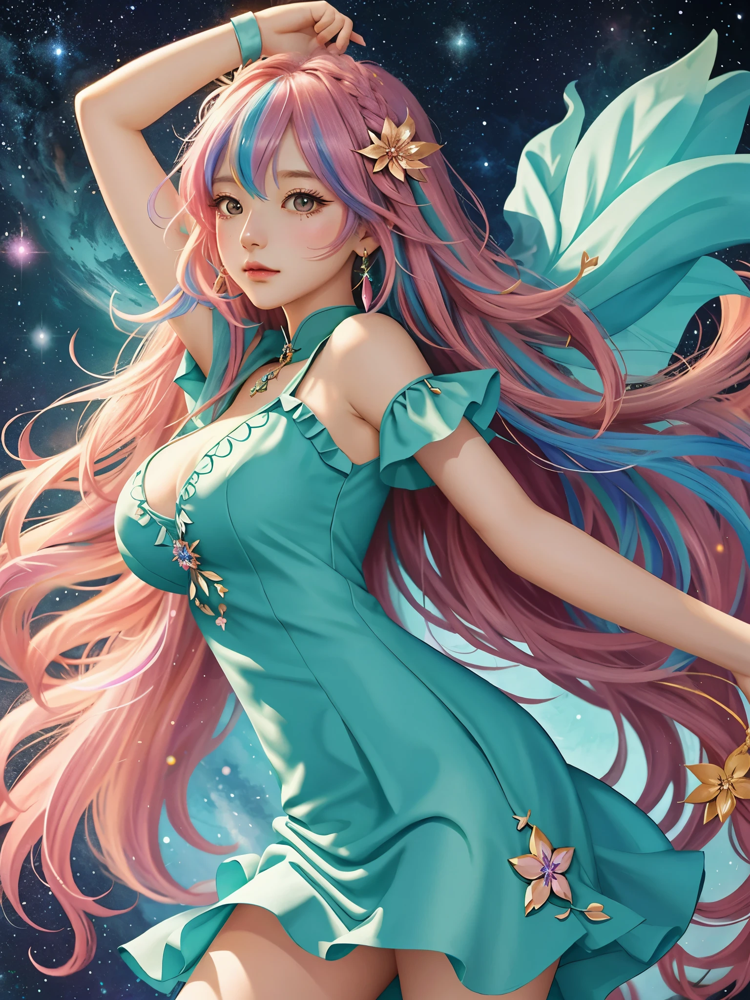 colorfulな髪とネックレスを持つ女性のクローズアップ, anime girl with space hair, The soft vibrancy of Ross Dress, Gviz-inspired artwork, fantasy art style, colorful]", vivid fantasy style, rossdraws cartoon vibrant, colorful, Gweiz, colorfulなデジタル ファンタジー アート, great art style, beautiful anime style, shining hair、huge breasts