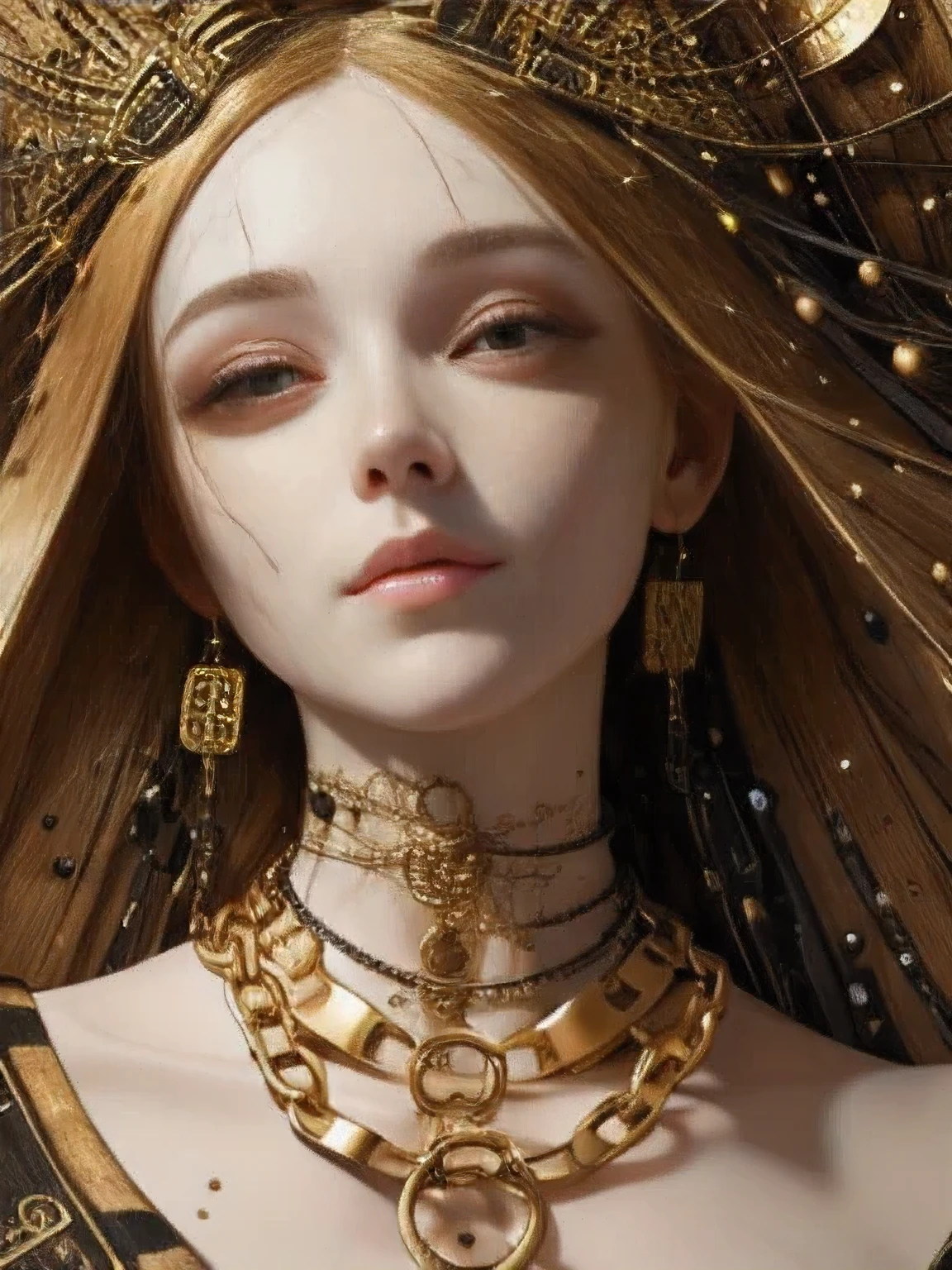 high quality. advanced details. 8k. Hanged woman reversed. chain around neck. falling. drown. Melting makeup. cracked skin. klimt. difficult to understand.full body portrait