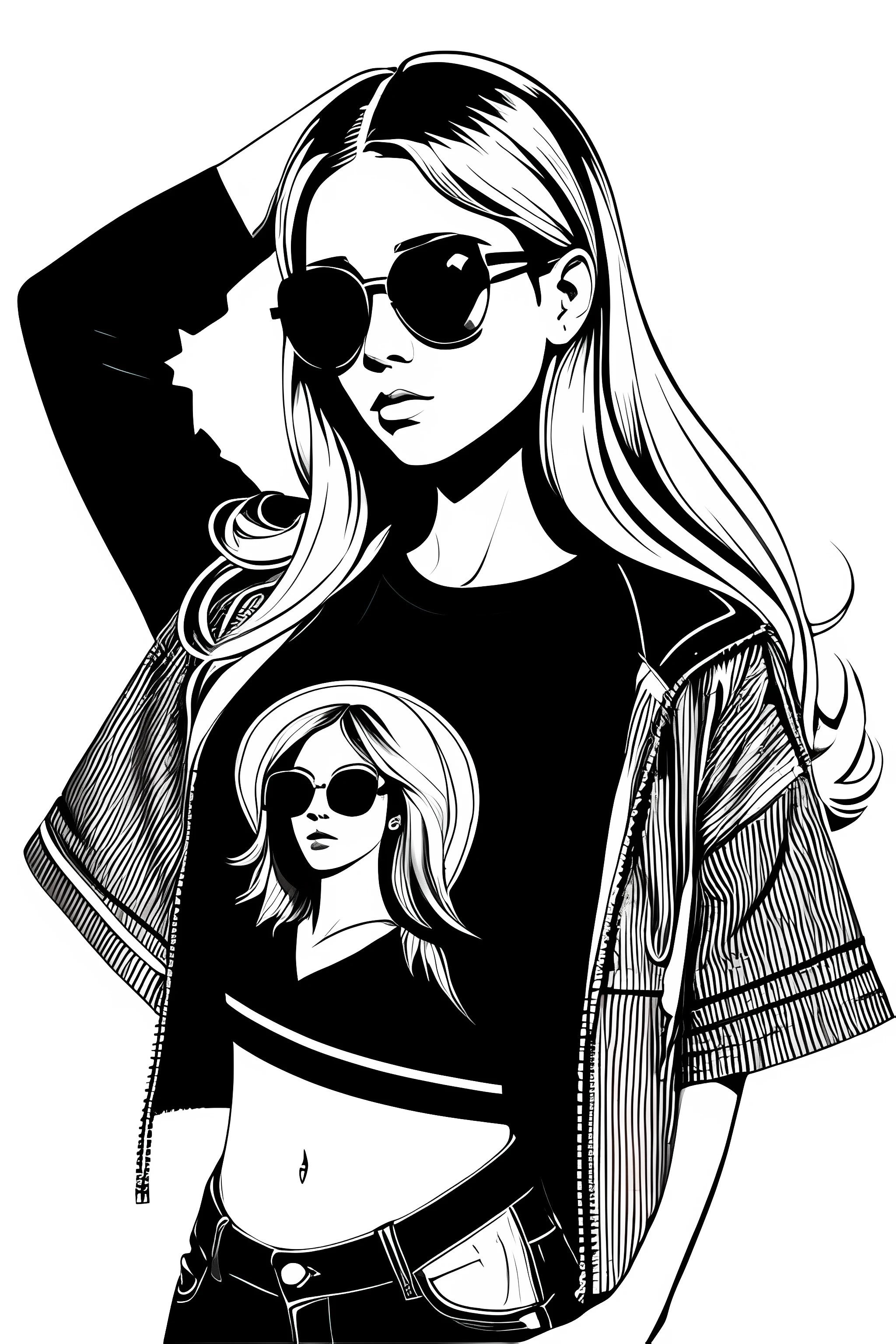 a {distance from view, vector for t-shirt design, funky girl with sunglasses }, in the style of fashion illustration, svetlin velinov, dark white and black, street fashion, raphael, soft-edged, strong lines