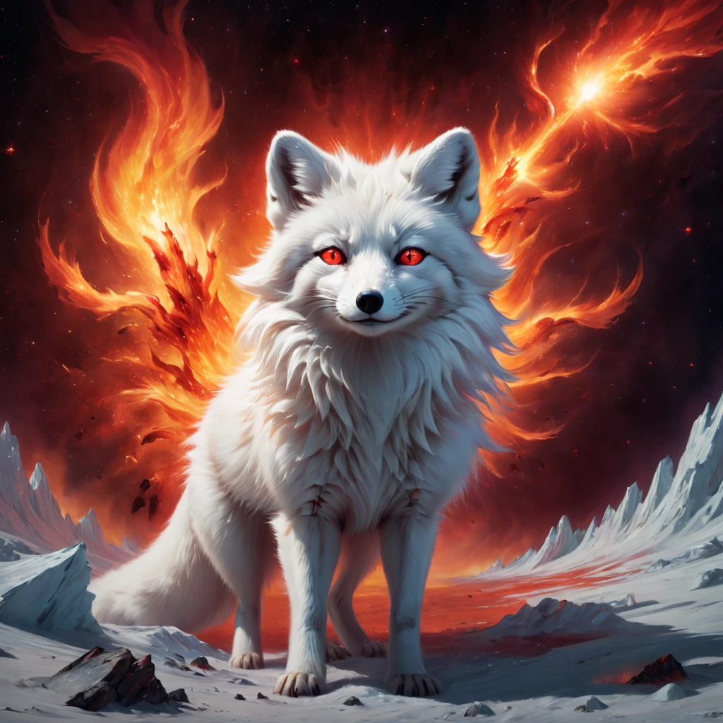 High Resolution, High Quality. Hyperrealistic digital painting of a colossal, radiant largest sparkling cosmic magnificent white arctic fox in the vacuum of space about to engulf the war-ravaged, flaming Earth, its eyes ablaze with a fiery red glare reflecting madness and distress, blending the styles of Mike Davis and Darek Zabrocki, with a surreal and pop art twist, engulfing the viewer in a scene of hyperdetailed anxiety and grandeur, octane rendering, cinematic. hyperrealism, hyper-detailed, digital painting, ultra fine, 8k resolution, breathtaking surreal masterpiece