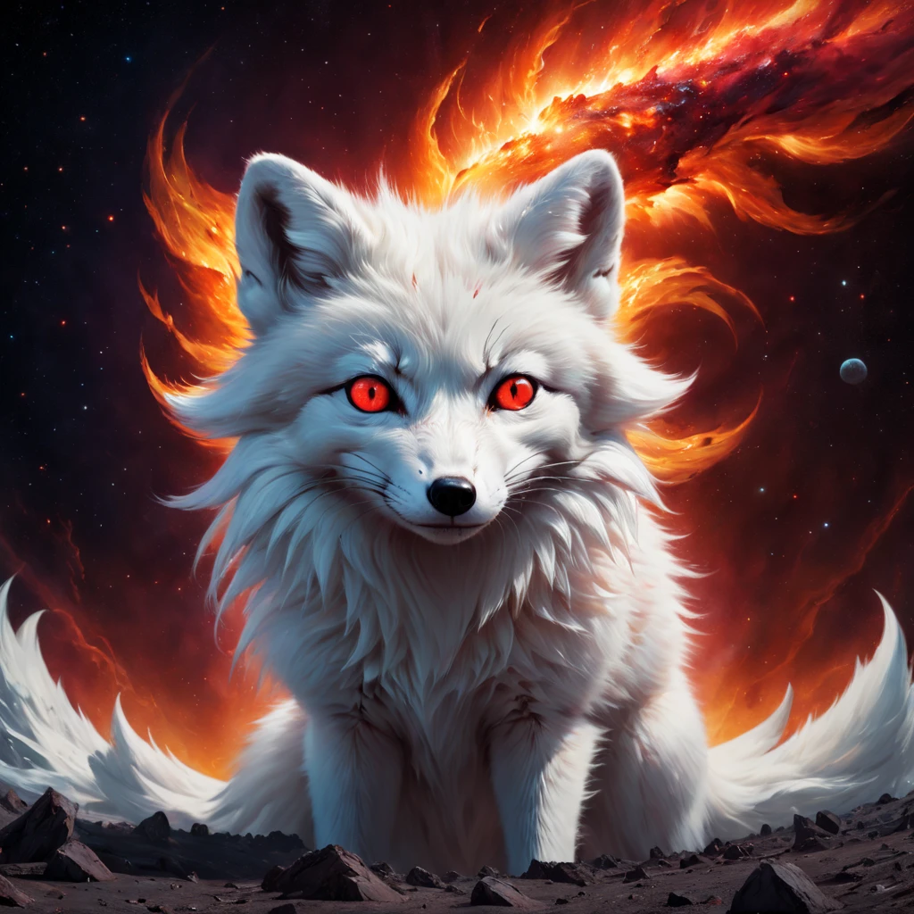 High Resolution, High Quality. Hyperrealistic digital painting of a colossal, radiant largest sparkling cosmic magnificent white arctic fox in the vacuum of space about to engulf the war-ravaged, flaming Earth, its eyes ablaze with a fiery red glare reflecting madness and distress, blending the styles of Mike Davis and Darek Zabrocki, with a surreal and pop art twist, engulfing the viewer in a scene of hyperdetailed anxiety and grandeur, octane rendering, cinematic. hyperrealism, hyper-detailed, digital painting, ultra fine, 8k resolution, breathtaking surreal masterpiece