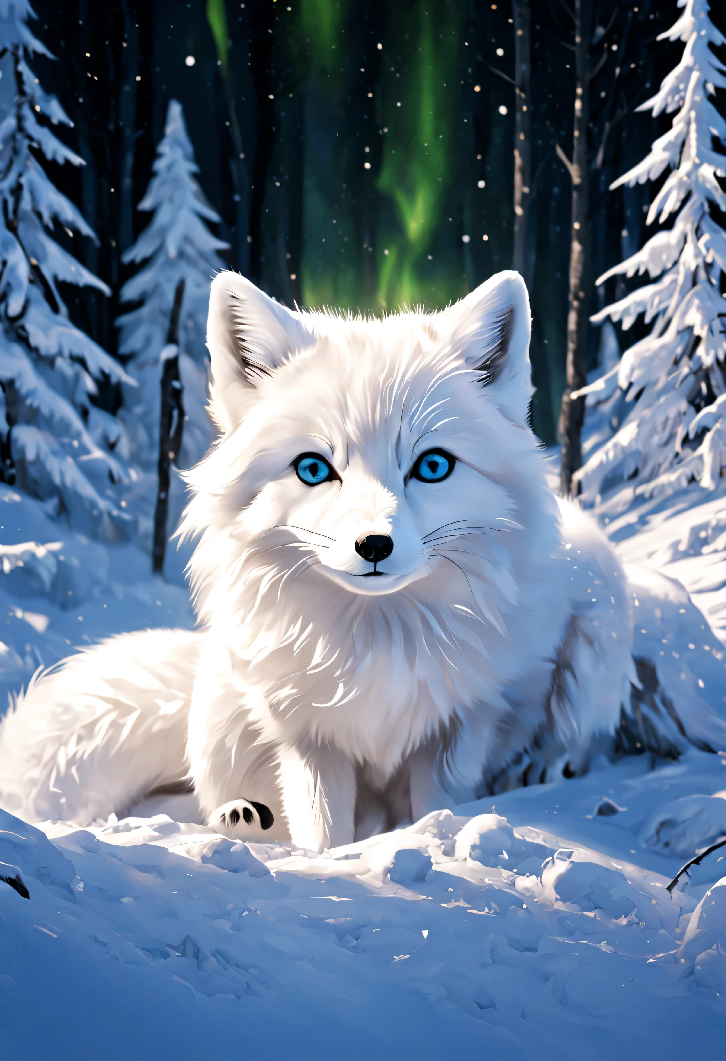 arctic fox/arctic fox/arctic fox(masterpiece, best quality, super detailed, lifelike), Deep in the snow-covered forest.white arctic fox.Double contact, close up.no humans.Northern lights rendering