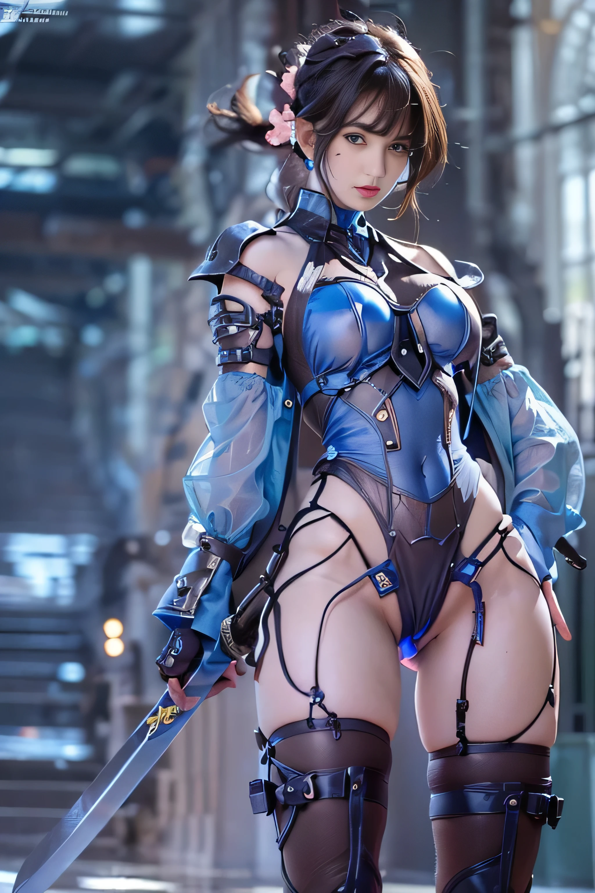 (RAW image quality:1.4), (NSFW), ((1 female:1.4)), one personで, , 7 head and body, (cute face), (Beautiful shining blue eyes:1.4), (ideal body proportions), (An android with a mechanized left leg and left arm.:1.4), (platinum metal machinery), length , chest fantasy, cleavage, big breasts, (Underboo Boo:1.4), magic effect, ((small and thin costumes:1.4)), (((Exposed raw skin:1.4))), ((exposure of the lower abdomen:1.4)), (Costumes that dig into the crotch), (brown pubic hair), (has a big sword:1.4), , strong wind, My clothes are transparent, Wet, short hair, black hair, , thin, small ass, beautiful feet, thin脚, surrealism, cinematic lighting, written boundary depth, one person'point of view, f/1.8, 135mm, nffsw, battle pose, table top, Accurate, ((anatomically correct)), rough skin, Super detailed, advanced details, high quality, award-winning, 最high quality, High resolution, 8k