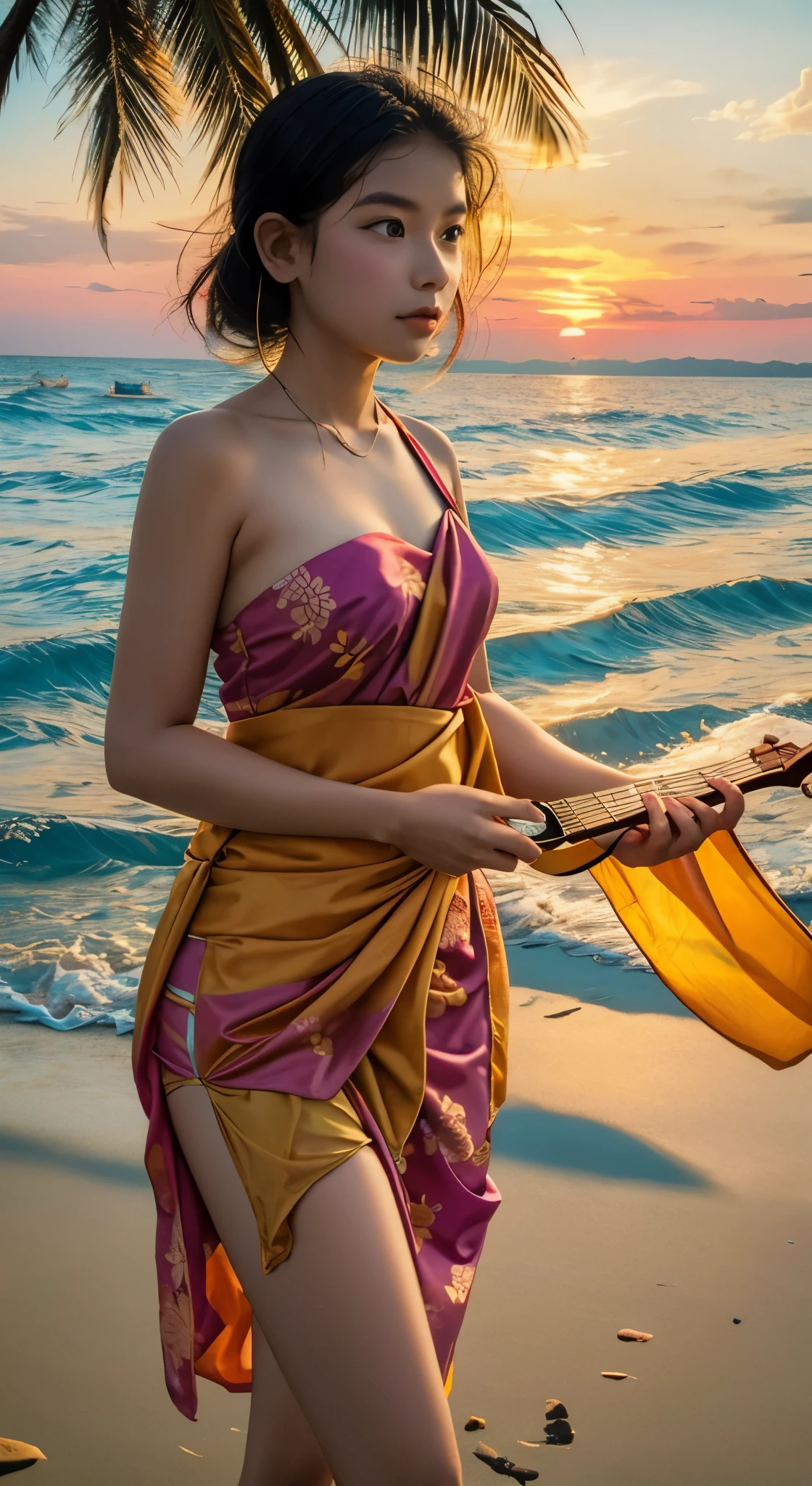 a young Indonesian girl wearing a traditional Bugis silk sarong and kebaya, serenading the setting sun on a pristine beach in South Sulawesi. As she strums her ukulele and sings traditional folk songs, the colors of the sky blend into a mesmerizing palette of pinks, oranges, and purples, reflecting off the tranquil waters of the sea. Palm trees sway gently in the breeze, while distant islands and fishing boats complete this idyllic coastal scene.