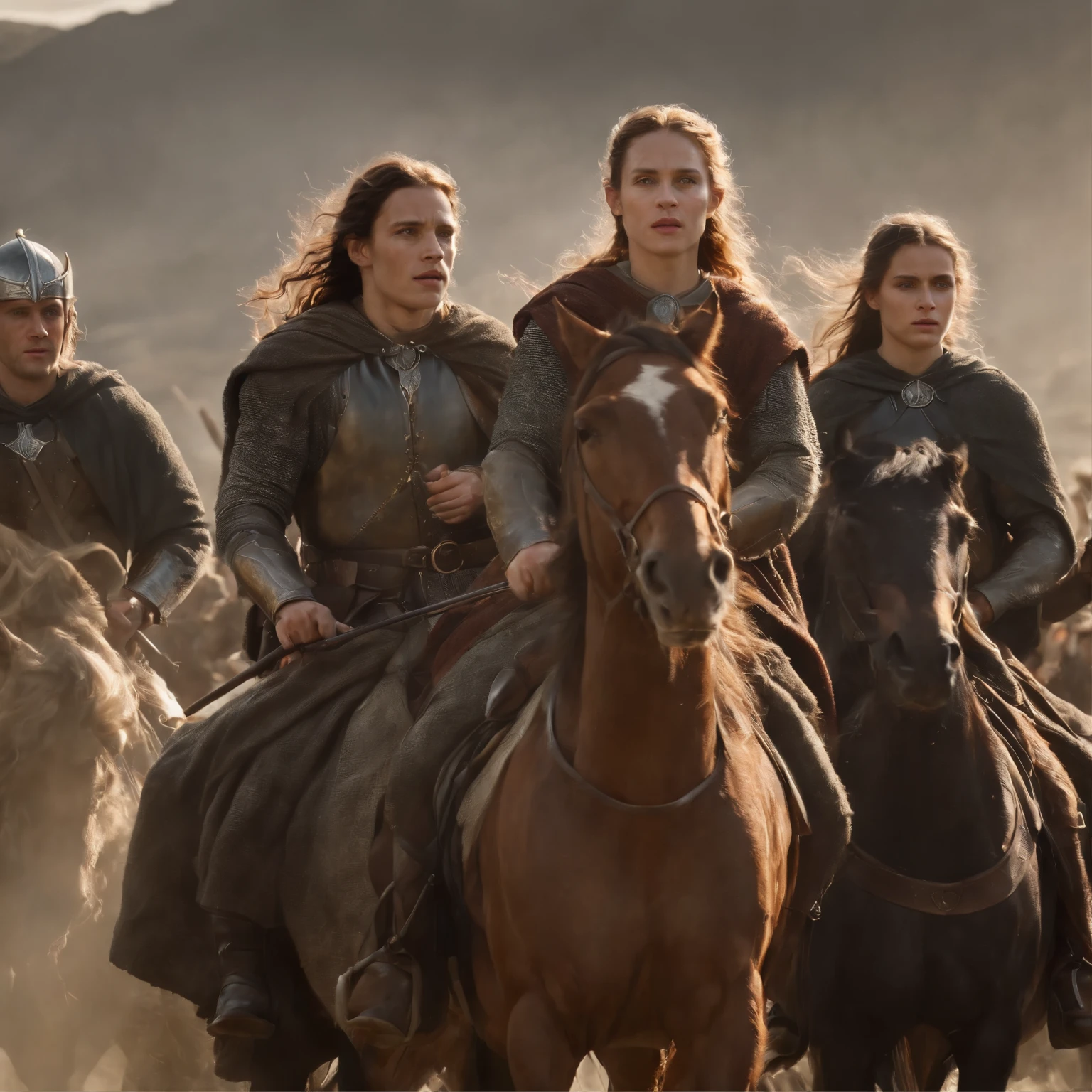 best quality,ultra-detailed,realistic:1.37,a band of Rohirrim from lord of the rings,horse riders,wild and fierce warriors,galloping through the vast grassy plains,charging towards the enemy with spears and swords,with flowing manes and fearless eyes,characters wearing medieval armor and carrying shields,battle worn and determined faces,riding tall and majestic horses,against a stormy sky and rolling thunder,bathed in the warm golden light of the setting sun,creating a dramatic and epic atmosphere,portrayed in the style of realistic oil painting,vivid colors with a touch of grit and texture,showcasing the power and unity of the Rohirrim,their determination and unyielding spirit,presented with dynamic composition and sharp focus,stunning details capturing every individual character,masterfully capturing the essence of this iconic scene from the Lord of the Rings universe.