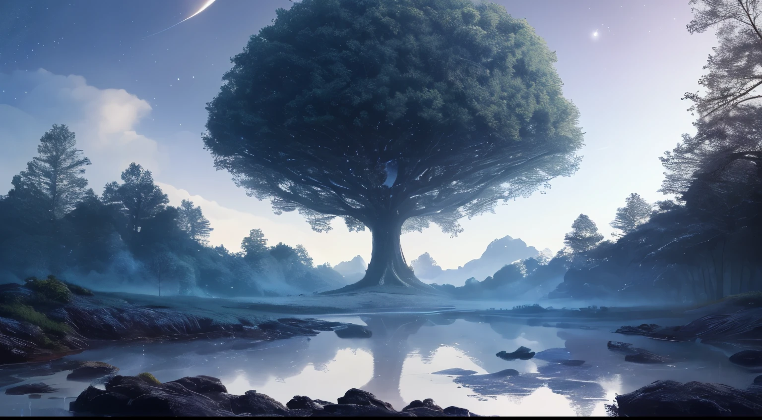 Illustration of a hyperrealistic , otherworldly, ultrasky scene featuring a giant crystal tree full body,very detailed and magical lighting, intricate forest details, vegetation and river around, solarpunk ,landscape, giant tree, beatifull leafy with beautiful lighting and realistic proportions, as if it were a cinematic background, 8k, highest quality, masterpiece, clouds and stars in the sky.