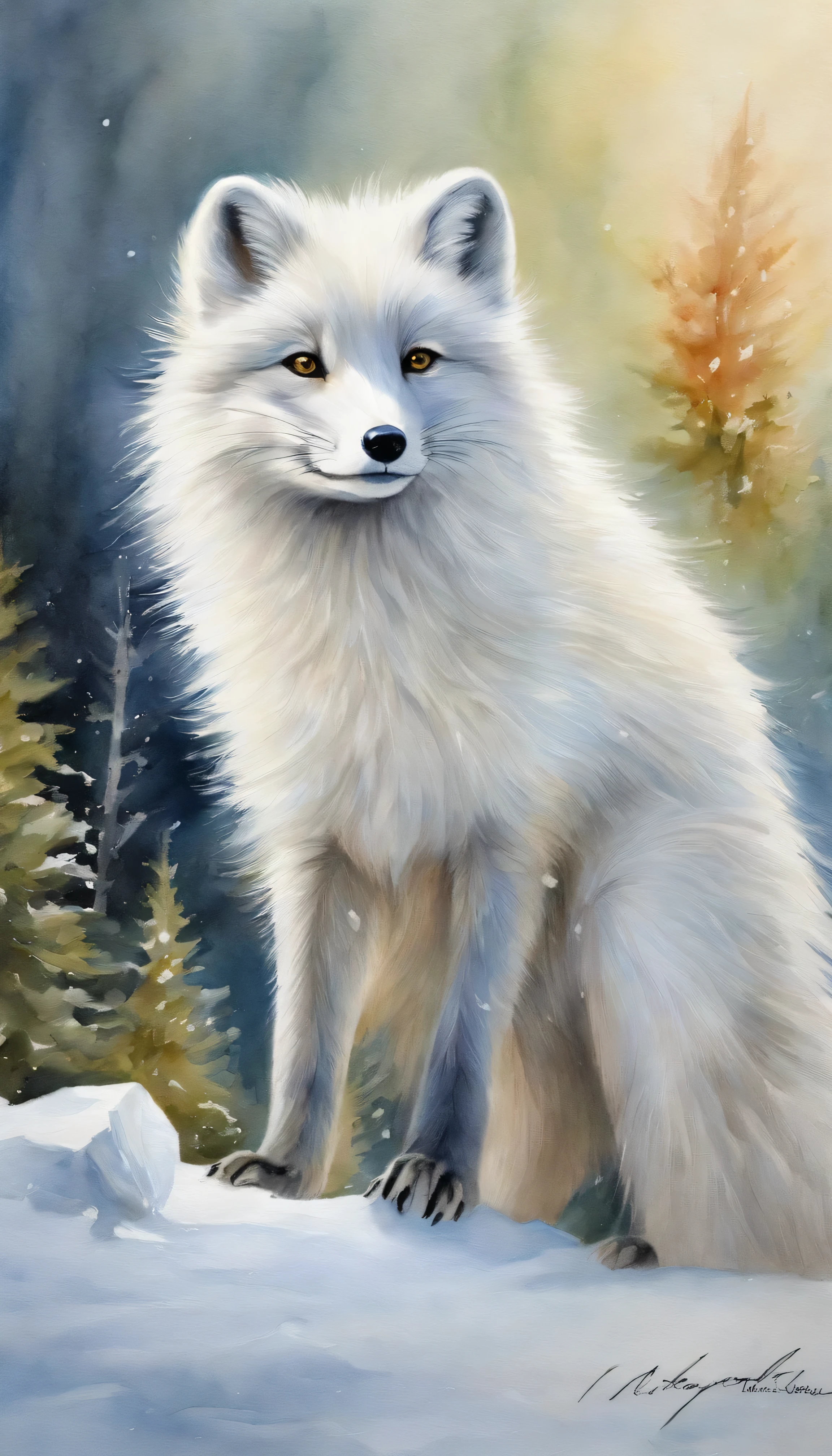 arctic fox/arctic fox/arctic fox(masterpiece, best quality, super detailed, lifelike), Deep in the snow-covered forest.white arctic fox.Double contact, close up.no humans.Northern lights rendering