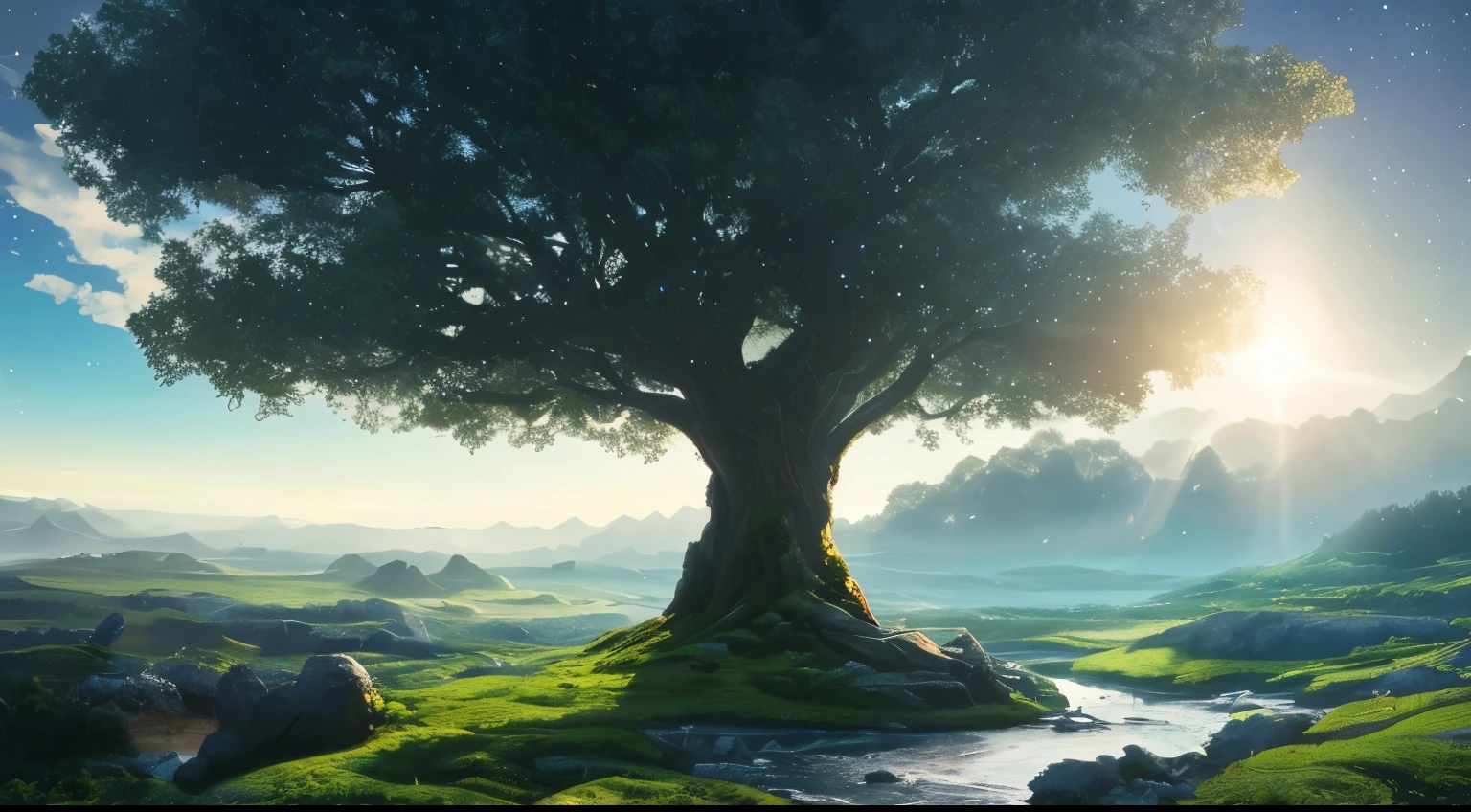 Illustration of a hyperrealistic , otherworldly, ultrasky scene featuring a giant crystal tree full body,very detailed and magical lighting, intricate forest details, vegetation and river around, solarpunk ,landscape, giant tree, beatifull leafy with beautiful lighting and realistic proportions, as if it were a cinematic background, 8k, highest quality, masterpiece, clouds and stars in the sky.