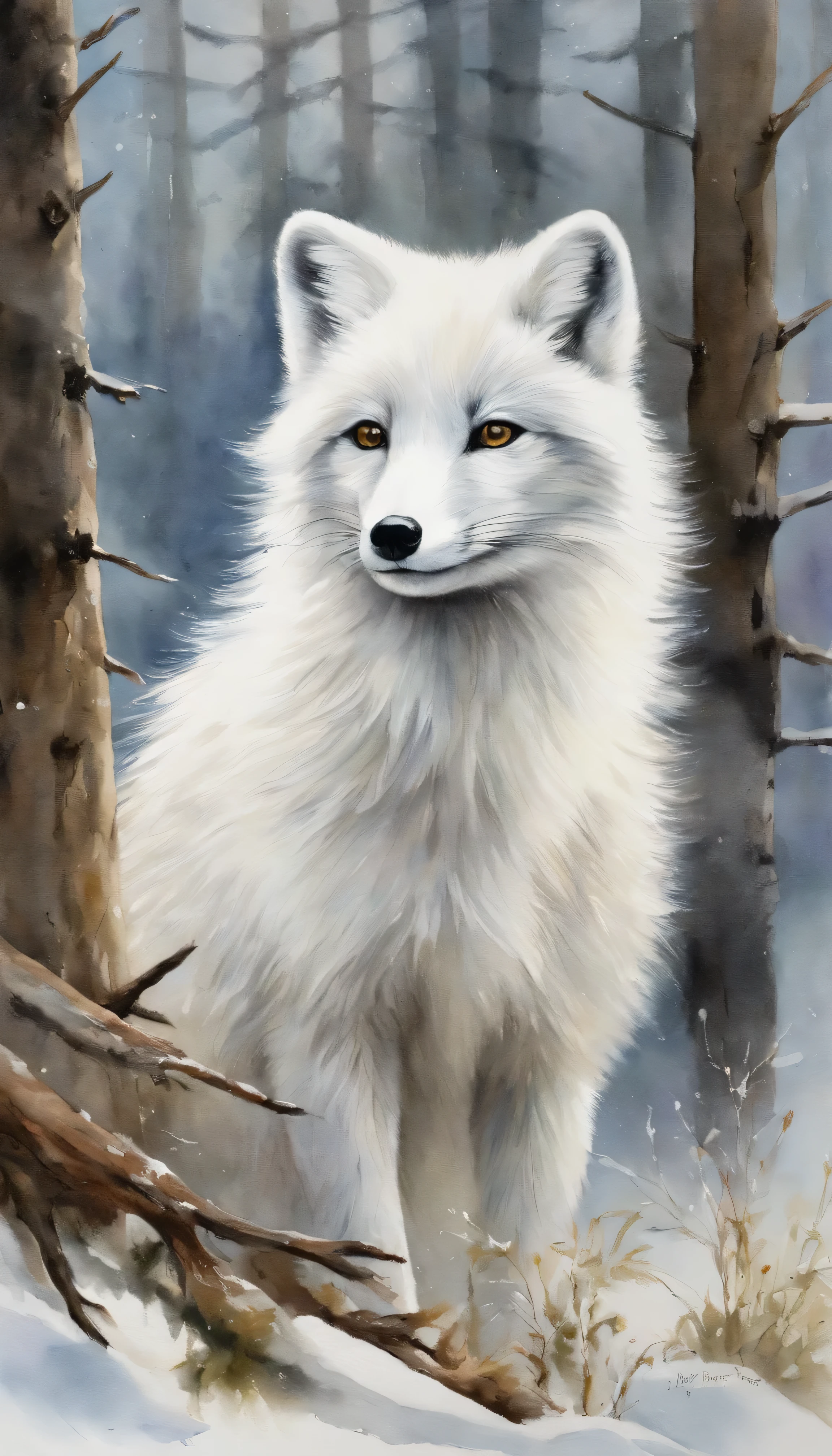 arctic fox/arctic fox/arctic fox(masterpiece, best quality, super detailed, lifelike), Deep in the snow-covered forest.white arctic fox.Double contact, close up.no humans.Northern lights rendering