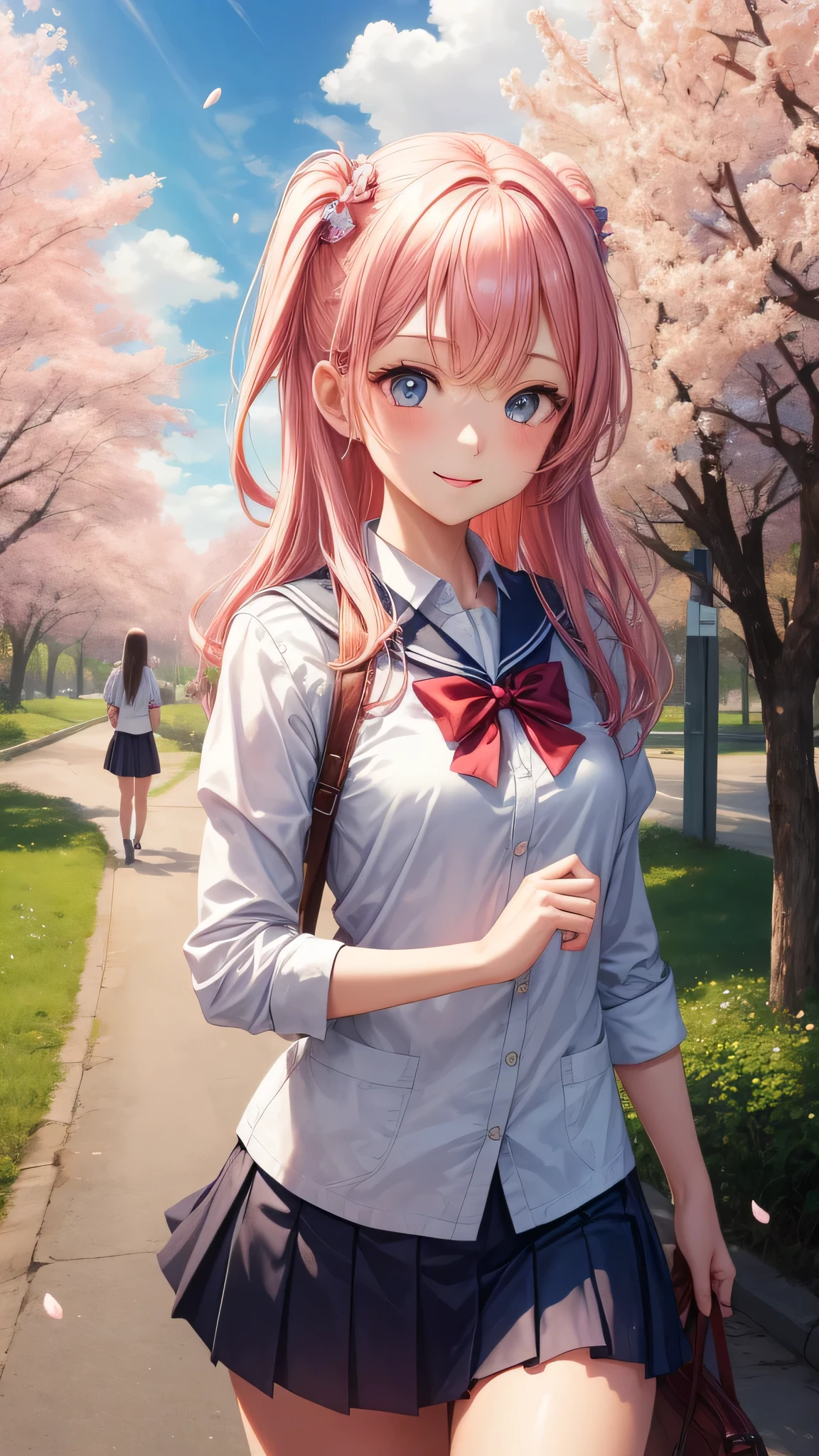 (2 girls:1.2), cute face, smile, (school uniform, mini skirt:1.2), (highest quality: 1.4), (Super detailed), (highest quality:1.4), (super detailed), (cherry blossomsのトンネル in full bloom, cherry blossomsのトンネル), road, Day光, cherry blossoms, cherry blossoms, Sunny, cloud, Day, blue sky, (anime illustration), very high resolution, (Upper body)