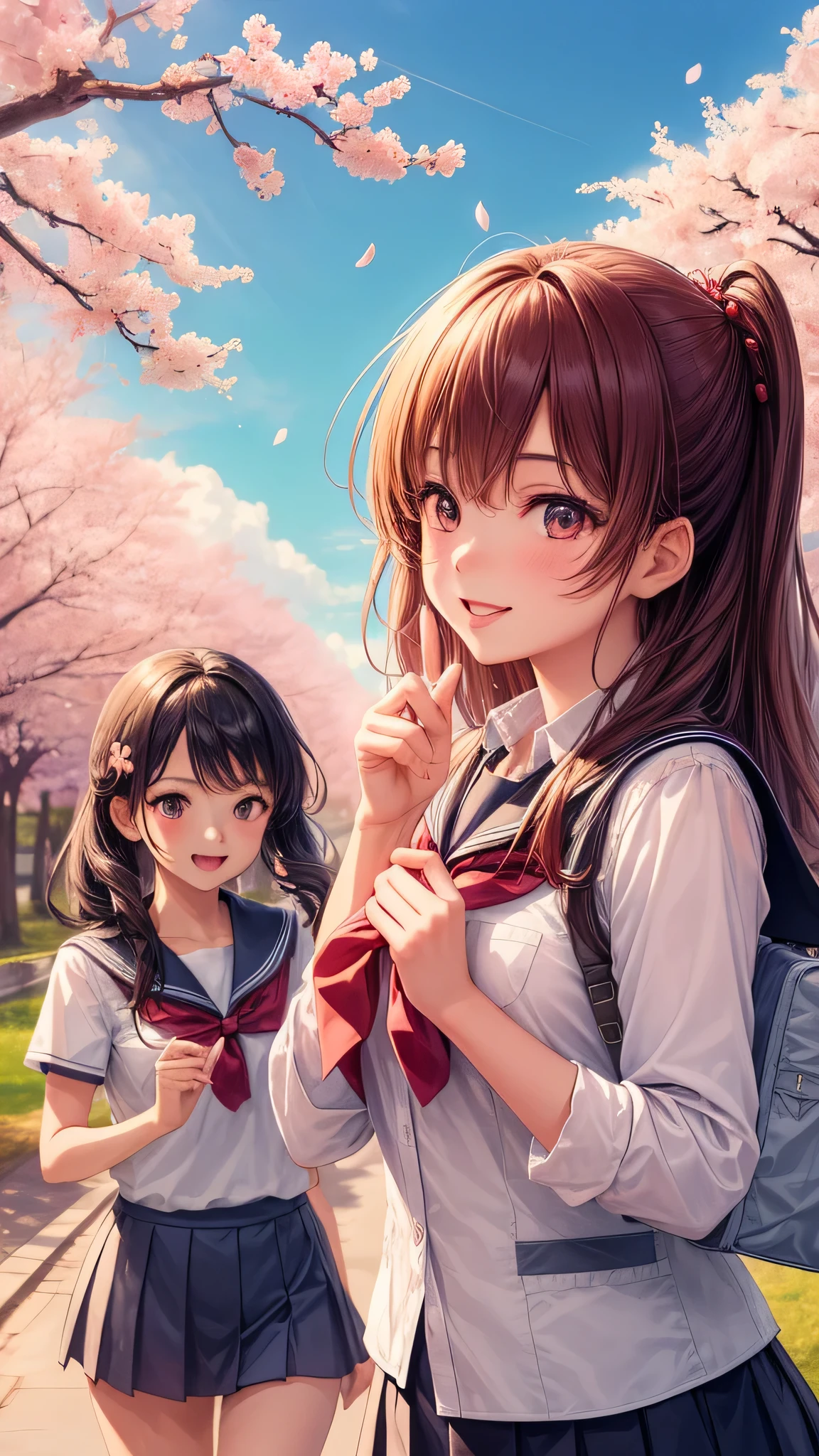 (2 girls:1.2), cute face, cute smile, (school uniform, mini skirt:1.2), (highest quality: 1.4), (Super detailed), (highest quality:1.4), (super detailed), (cherry blossomsのトンネル in full bloom, cherry blossomsのトンネル), road, Day光, cherry blossoms, cherry blossoms, Sunny, cloud, Day, blue sky, (anime illustration), very high resolution, (Upper body)