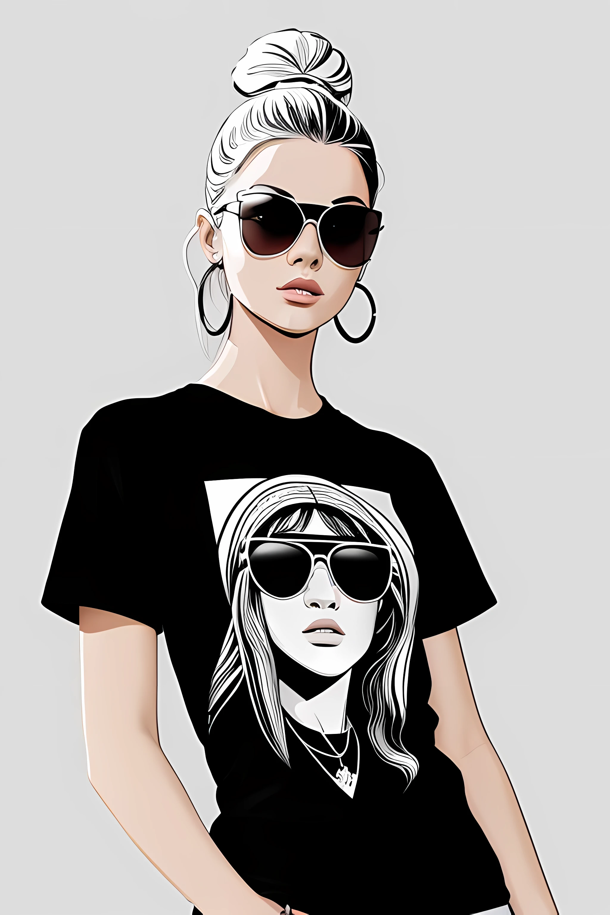 a {distance from view, vector for t-shirt design, funky girl with sunglasses }, in the style of fashion illustration, svetlin velinov, dark white and black, street fashion, raphael, soft-edged, strong lines