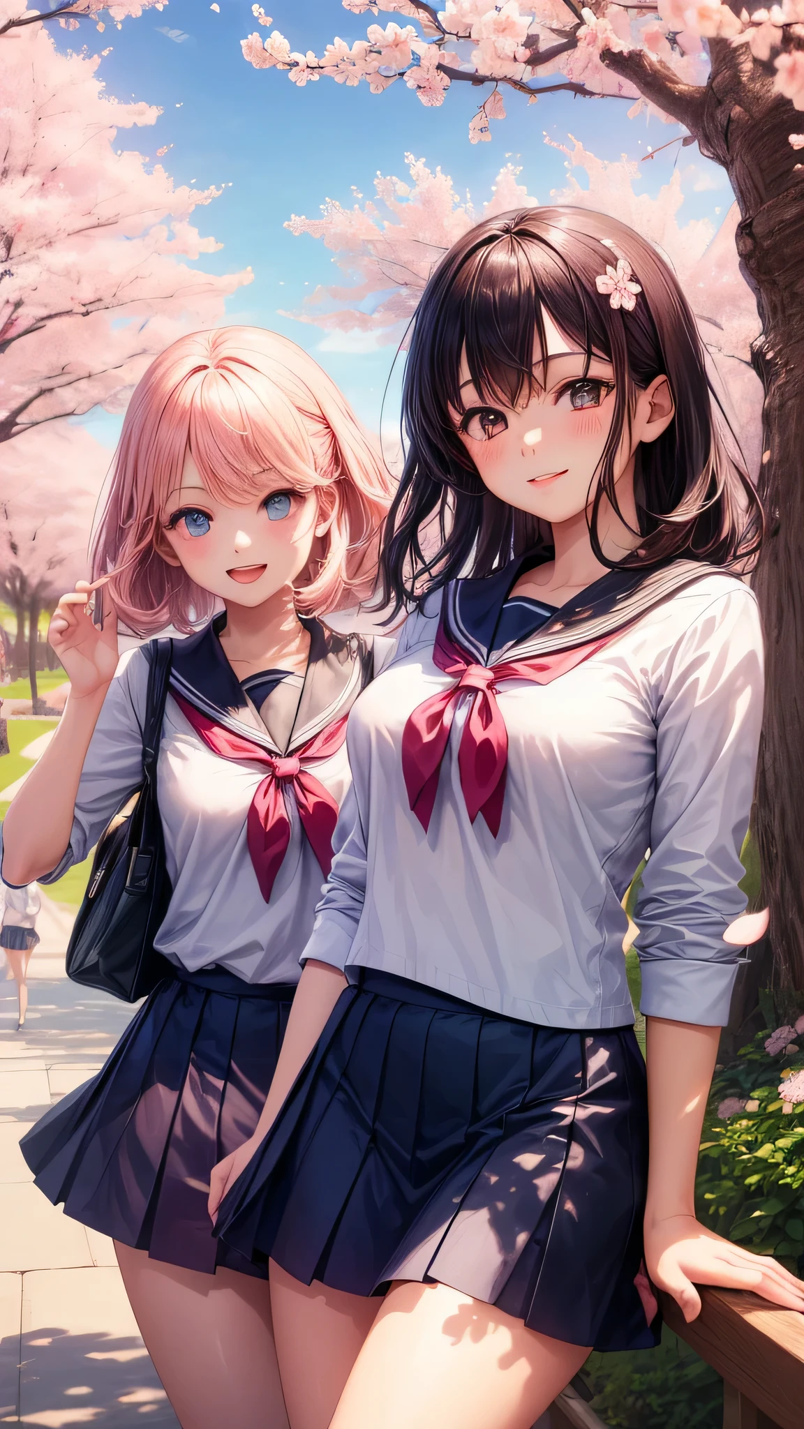 (2 girls:1.2), cute face, cute smile, (school uniform, mini skirt:1.2), (highest quality: 1.4), (Super detailed), (highest quality:1.4), (super detailed), (cherry blossomsのトンネル in full bloom, cherry blossomsのトンネル), road, Day光, cherry blossoms, cherry blossoms,  Sunny, cloud, Day,  blue sky, (anime illustration), very high resolution, (Upper body)