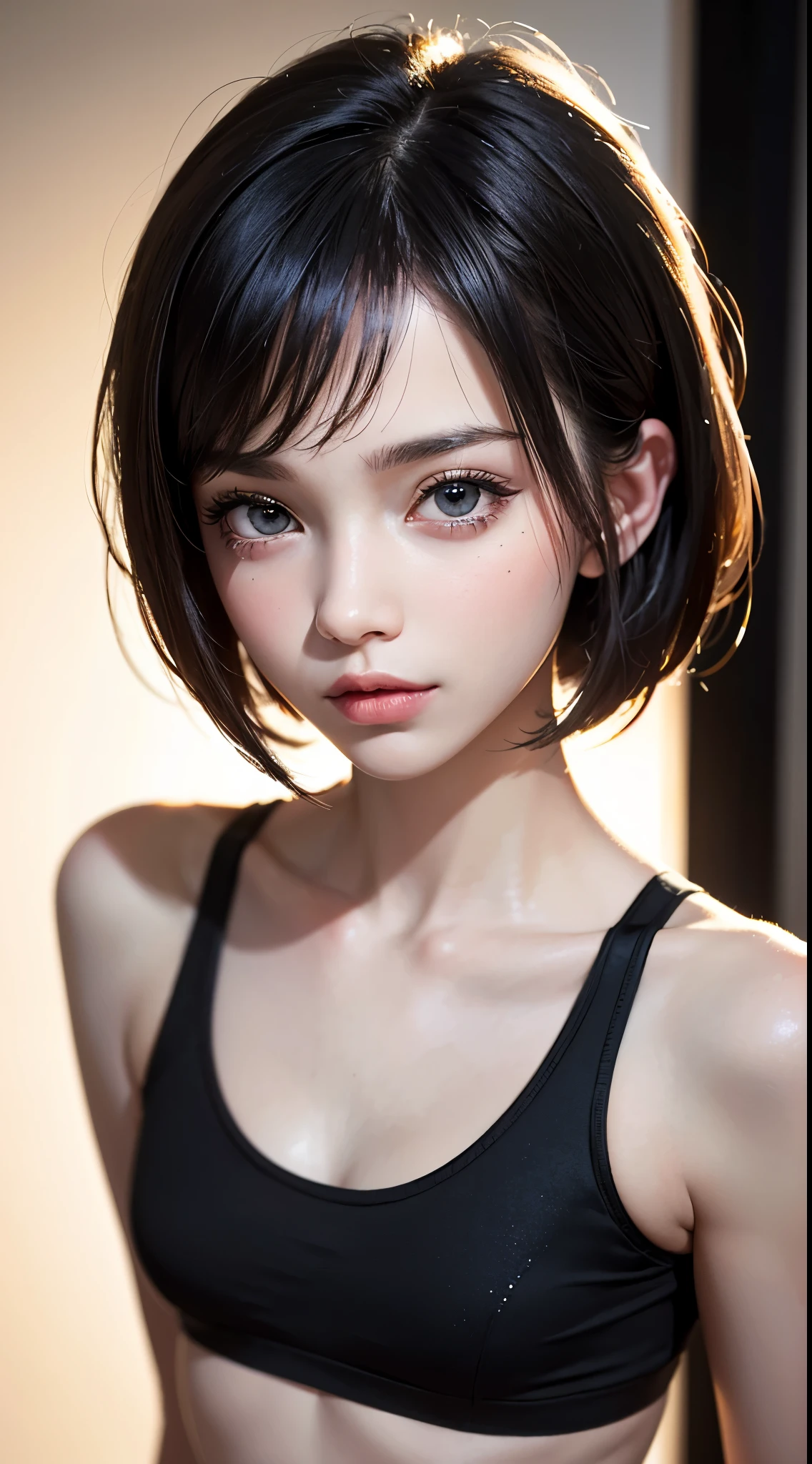 ((master piece)),(Uhd, retina, masterpiece, Accurate, anatomically correct, rough skin, Super detailed, advanced details, high quality, 最high quality, High resolution, 1080p, hd, 4k, 8k, 16k), (detailed and beautiful eyes, Dense and beautiful lips, highly detailed eyes and face), studio lighting, Physically based rendering, Bright colors, Upper body,(small breasts, Slender Model Body), (black sports bra,), (portrait, bob cut, shiny hair, shiny skin, blush), (art gallery, Bokeh), eye reflection,