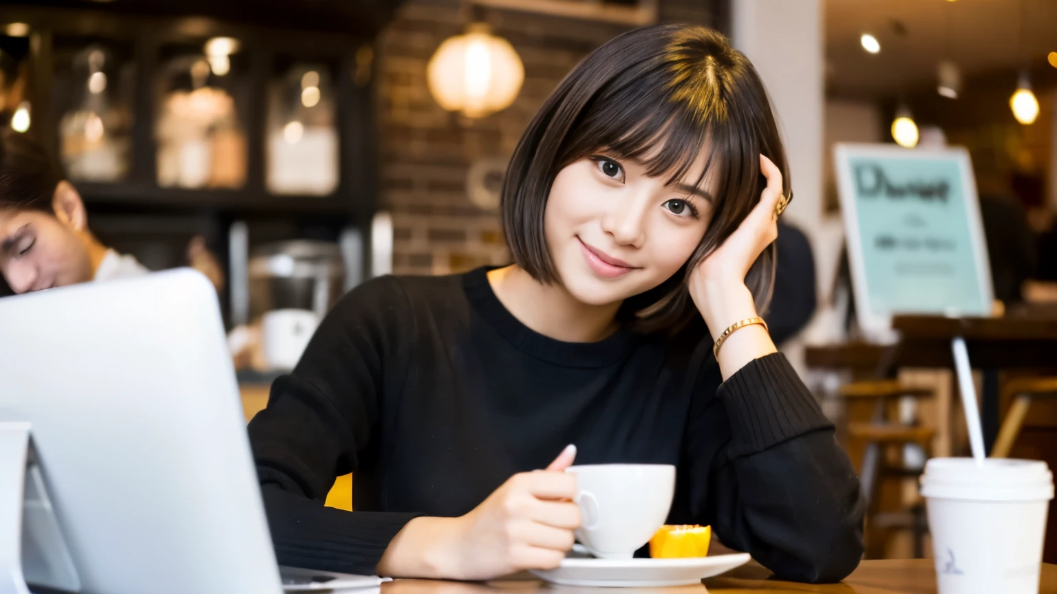 ((最high quality, 8k, masterpiece: 1.3)), perfect face,Inside a stylish cafe in New York、A scene in which a beautiful model-like woman with big breasts is drinking a latte and studying on a laptop.,All around you, you can see other customers enjoying their time.。At the back of the cafe、The staff are busy working at the counter.、You can feel the liveliness and warmth typical of urban cafes., sharp focus, 1 girl, Sexy 1.2, brown hair, With bangs, (layered short hair), (big: 1.5), fine eyes, Beautiful eyes with long slits, double eyelid, (cat face), (cute Face), cute Smile, (close your mouth), (cute), soft skin, Show the whole body, surreal, super detailed, high quality, (Beautiful female college student with short hair studying in a cafe), ((詳細な非常にcute女子大生), ((巨乳 It can be seen even through clothes))