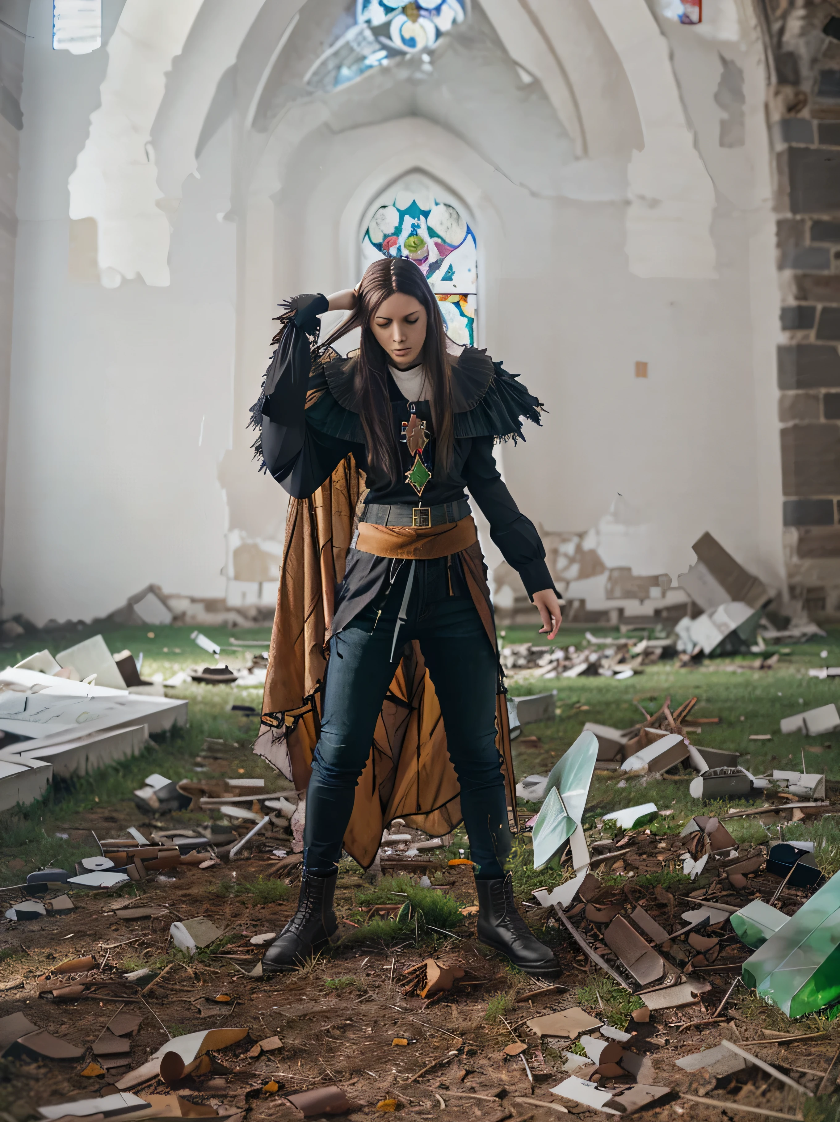 Gothic stained glass windows, destroyed church, grass and grass floor, destroyed walls in the background, church stained glass windows.
