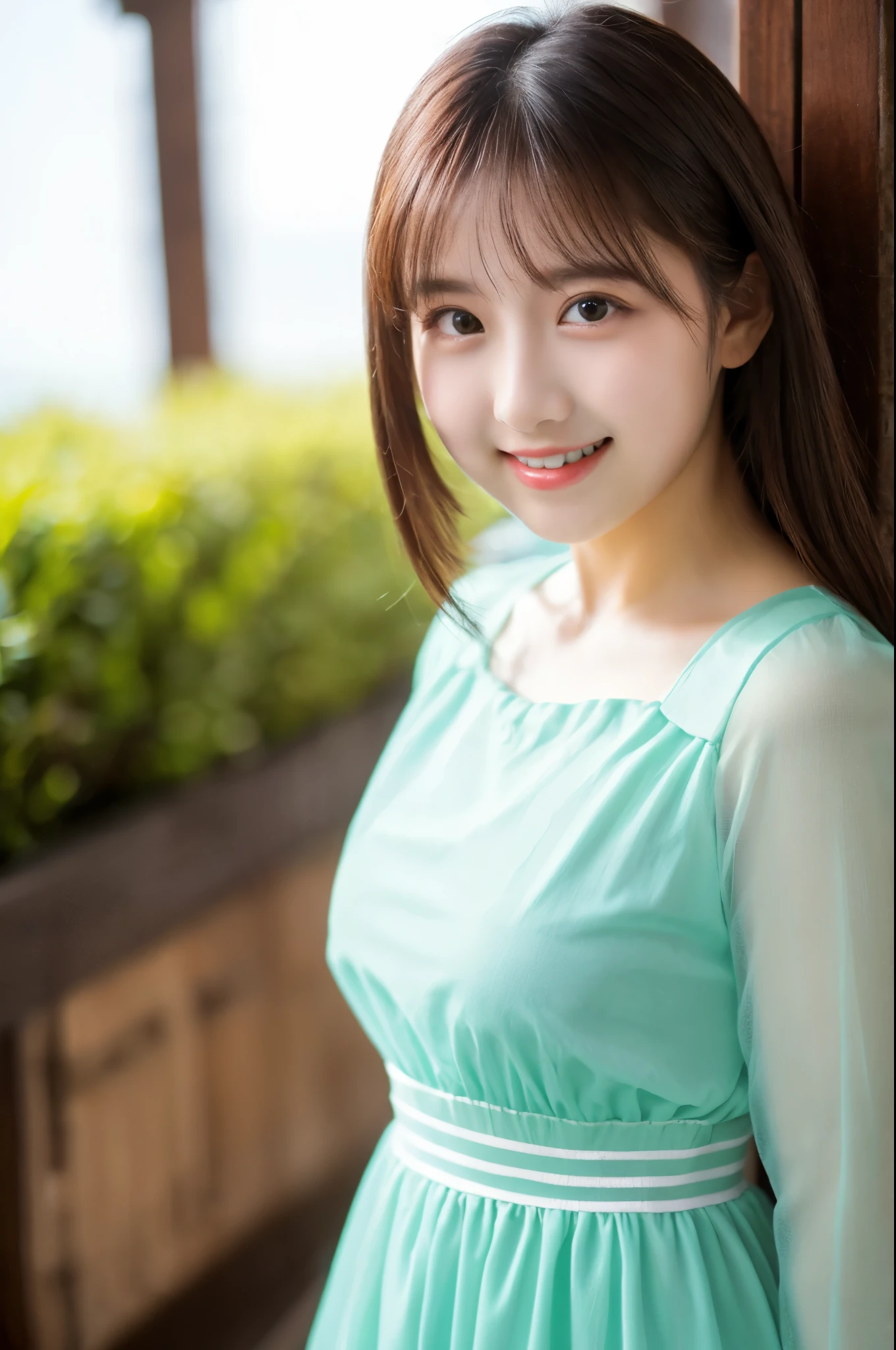 ulzzang-6500-v1.1,  (RAW photo:1.2), (Photoreal), beautiful detailed girl,  (genuine: 1.4), very detailed目と顔, beautiful and detailed eyes, ((elegant long dress))、(super realistic pantyhose:1.3), (very kind smile:1.2)、huge file size, High resolution, very detailed, highest quality, [masterpiece:1.6], enlightenment, very detailed,  finely, highest quality, 8k wallpaper, movie lighting, 1 girl, 17 years old, perfect body shape, cute droopy eyes、beautiful big eyeuste piece)), highest quality, 1 girl, eye shadow, portrait, ((full body shot:1.4))、