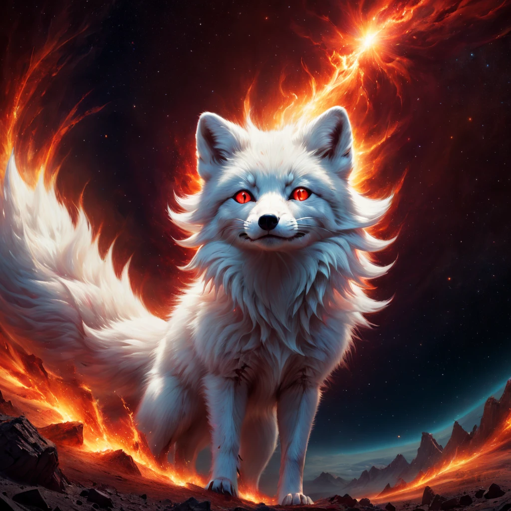 High Resolution, High Quality. Hyperrealistic digital painting of a colossal, radiant largest sparkling diabolical cosmic magnificent white arctic fox in the vacuum of space about to engulf the war-ravaged, flaming Earth, its eyes ablaze with a fiery red glare reflecting madness and distress, blending the styles of Mike Davis and Darek Zabrocki, with a surreal and pop art twist, engulfing the viewer in a scene of hyperdetailed anxiety and grandeur, octane rendering, cinematic. hyperrealism, hyper-detailed, digital painting, ultra fine, 8k resolution, breathtaking surreal masterpiece