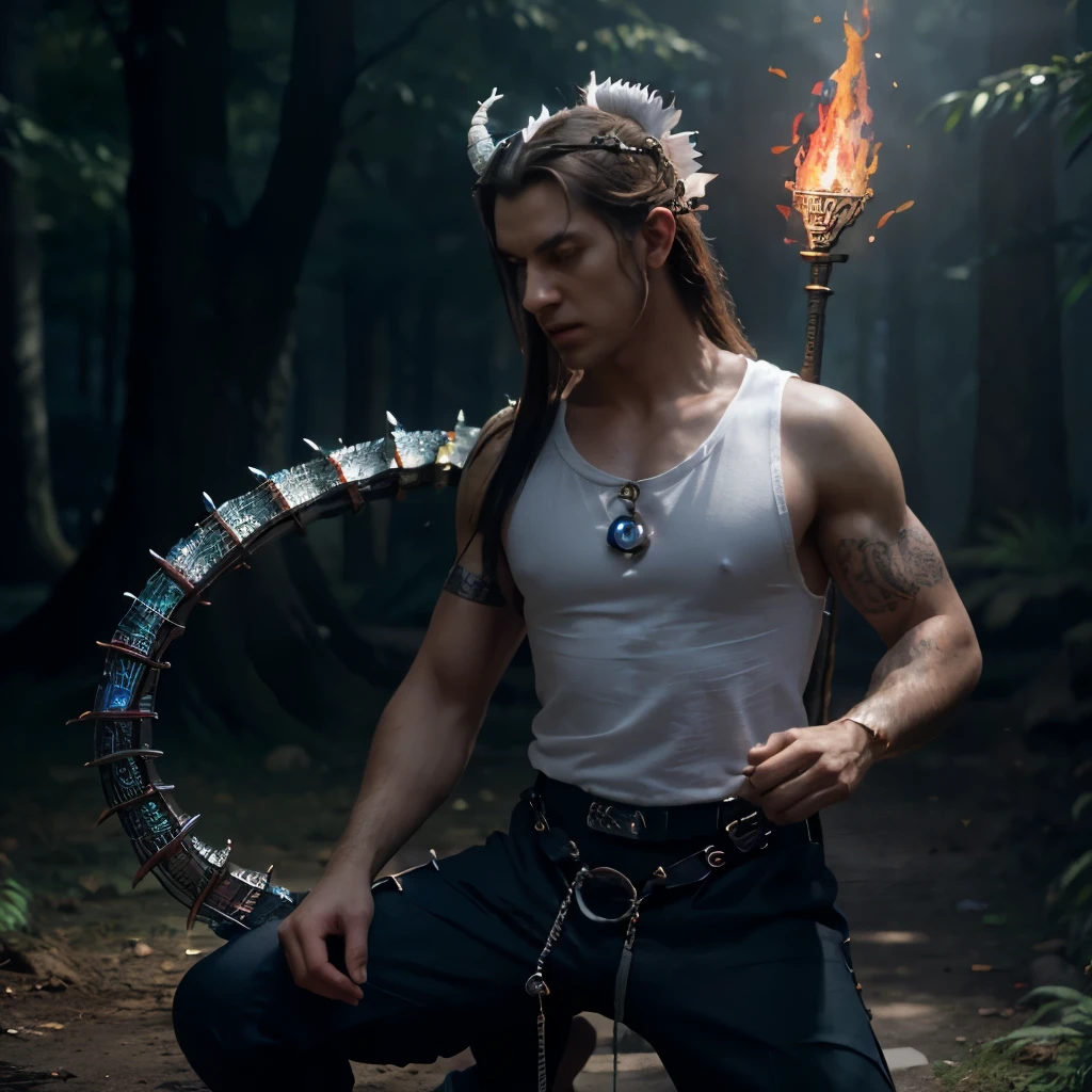 A man with a rainbow dragon, ((man wearing a white t-shirt)), (wearing chakra: 1.4), (long cloth pants: 1.2), (chain mail with dragon scale patterns), perfect facial features, delicate face, long hair, graceful, wisdom, courage, rainbow dragon, scales, horns, flames, wings, dragon claws, dragon protecting the girl, background for ancient forest, mysterious connection, protection, trust, realistic quality, realism, 8k, best quality, masterpiece, cinematic quality, high chiaroscuro, octane rendering,fantasy, full hd