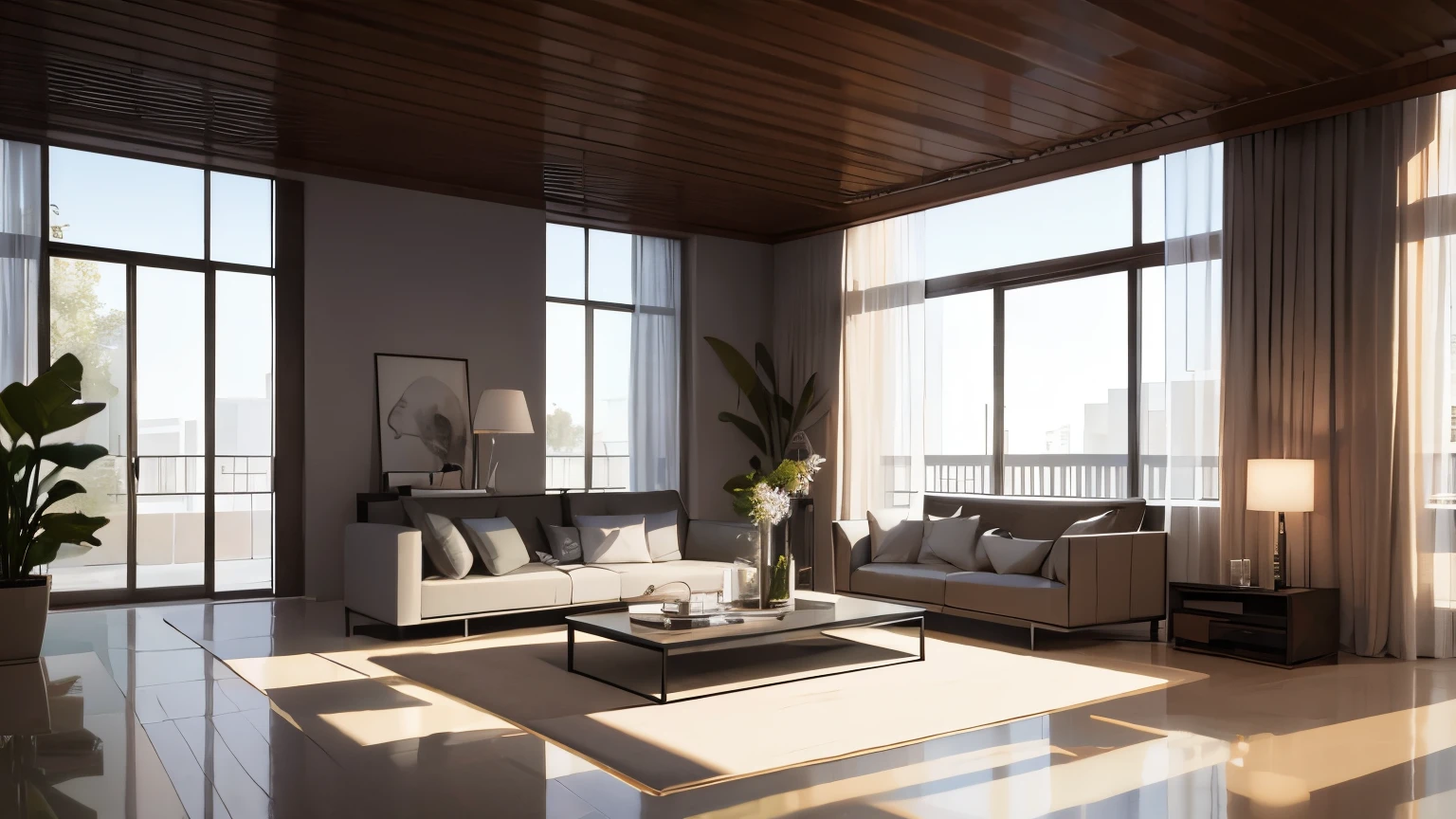 you are a famous interior designer、I was asked to create a 3D image of a large modern room.。. Create a harmonious environment with modern and minimalist furniture. Including garden interior.