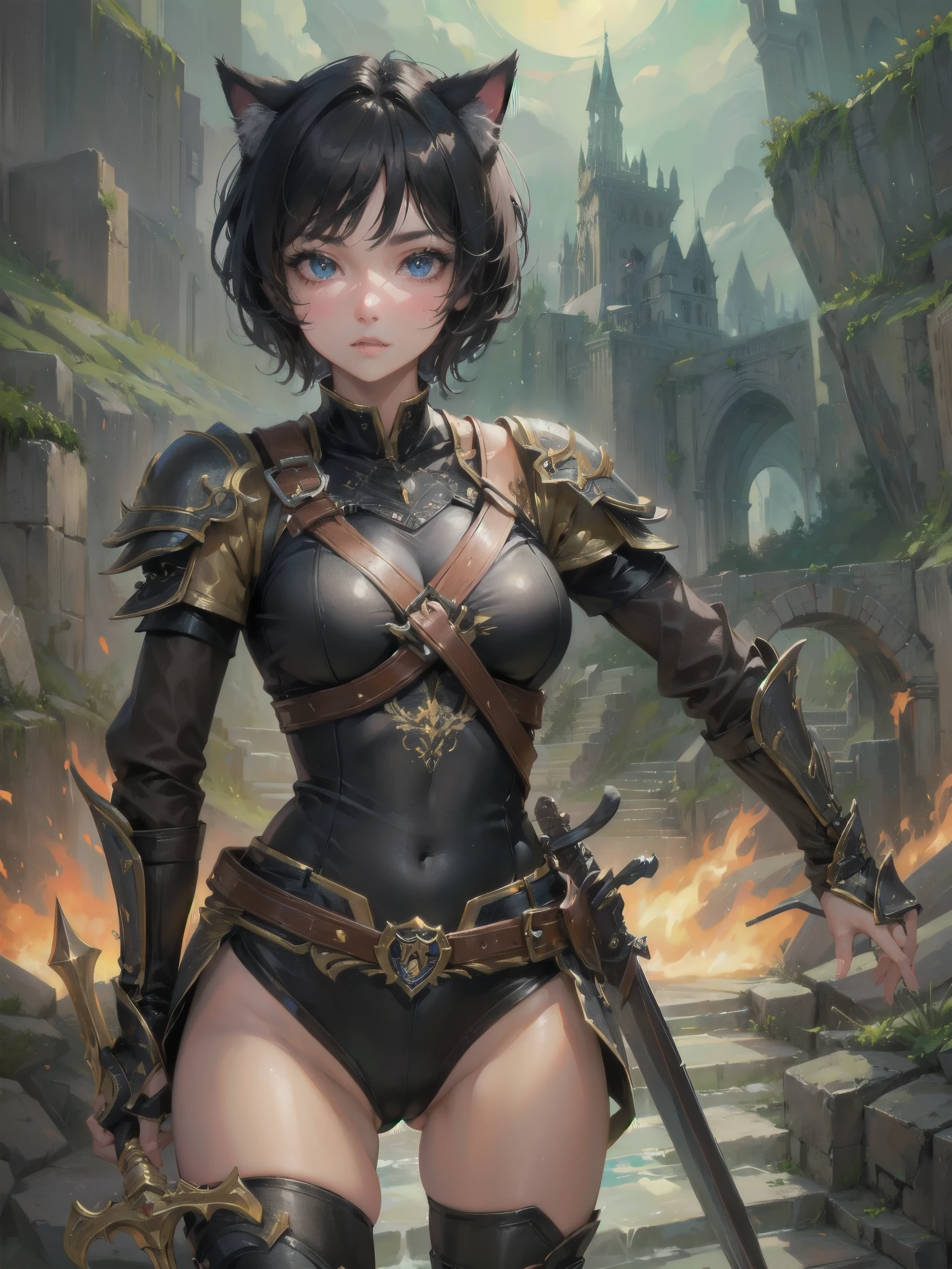 high quality,hd,16k,sharp line,1girl,cat girl ,cute face, middle breasts ,nice legs,,focus girl,detailed beautiful face,detailed clothes,beautiful eyes,pretty,dynamic angle