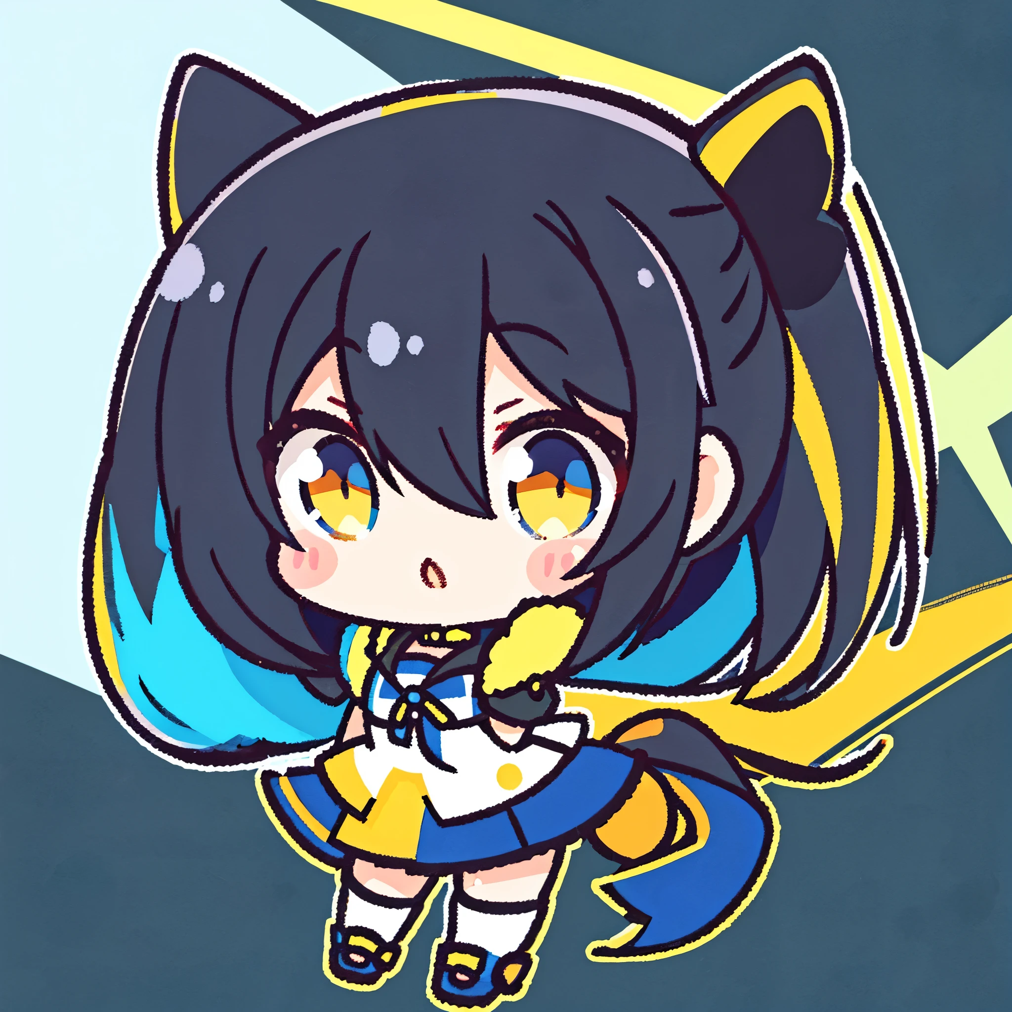 An chibi anime girl with black hair and blue , yellow mixed orange eyes , Best quality , 8k