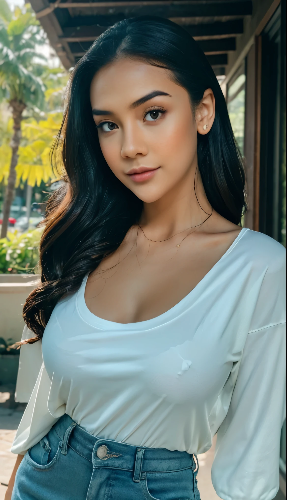 masterpiece, best quality, 8k, 85mm portrait, absurdres, (indonesian girl adult)), ((perfect beautiful face, perfect eyes, perfect lips, perfect nose, medium breast, forward chest)), ((ultra realistic, highres, photography, sharp focus, HDR, soft lighting, highest detailed, extreme detailed, ultra detailed, finely detail)), ((realistic skin, smooth white skin, Oily skin)), ((wear random casual outfit)), full body view, street view