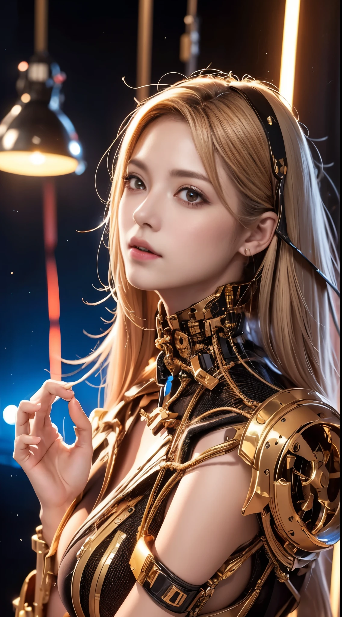 (1 Mechanical Girl)、highest quality、masterpiece、超A high resolution、(Photoreal:1.4)、RAW photo、1 girl、golden hair、glowing skin、(((1 Mechanical Girl)))、(Small LED)、((Ultra realistic details))、Portrait、global illumination、Shadow、octane rendering、8k、super sharp、big breasts、Raw skin exposed in cleavage、Metal、intricate decorative details、Japan details、very intricate details、realistic light、CG Society Trends、red eyes、shining eyes、towards the camera、neon detailechanical limbs)、(blood vessels connected to tubeechanical vertebrae attached to the back、cervical vertebrae mechanically attached to the neck、(Wires and cables connecting to the head)、gundam、Small LED、,mechanical thighs、two stock、