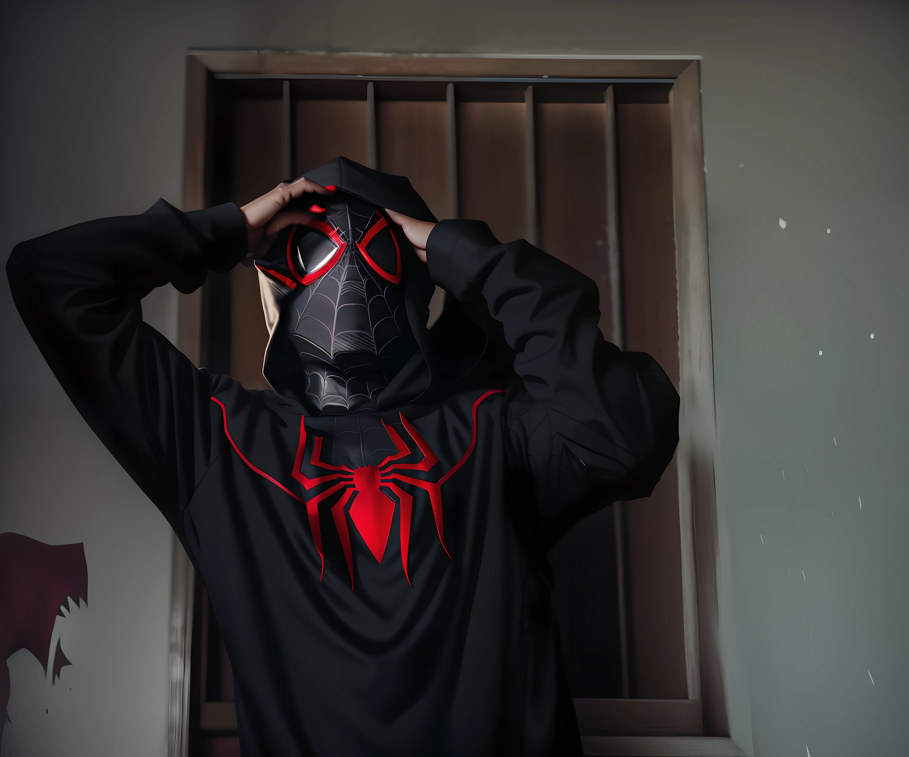 spider - man in a black shirt with red spider - man mask, miles morales!!!, futuristic style spiderman, miles morales, portrait of spiderman, wearing sith hood, red and black cape and hoodie, donald glover as miles morales, spiderman, full samurai armor spiderman, spiderman!!, spiderman in the moshpit, full mask, mid shot portrait, profile image