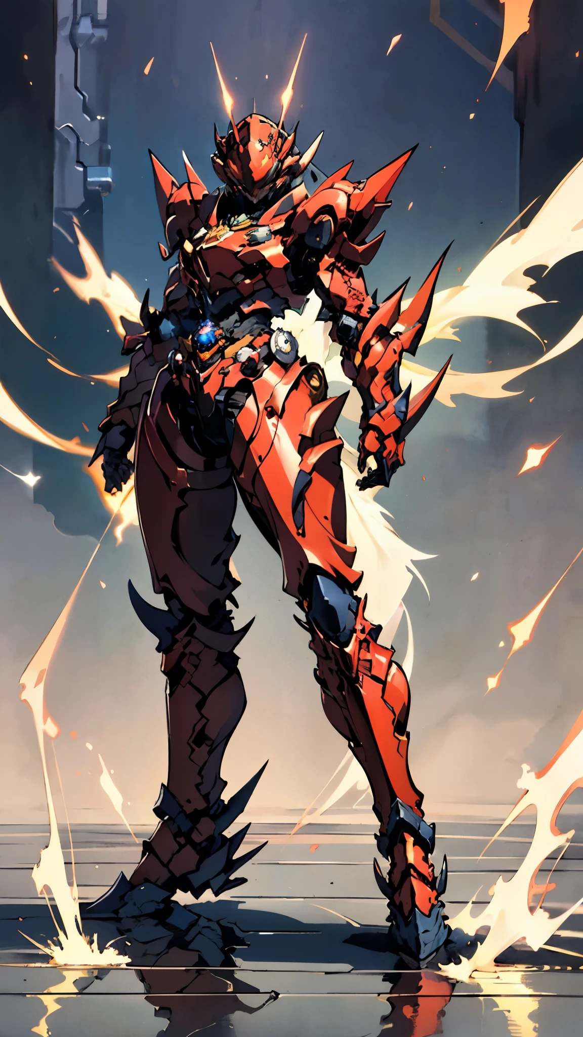(masterpiece, best quality, ultra detailed, beautiful illustration), atmospheric perspective, depth of field, looking at viewer, beautiful detailed eyes, anime eyes:1.4, (cowboy shot), action pose, dynamic angle, (outdoors), <lora:Wargreymon_mix:1>, anthro, solo, (wargreymon:1.2), armor, male, bandai namco, digimon, helmet, horns, green eyes,