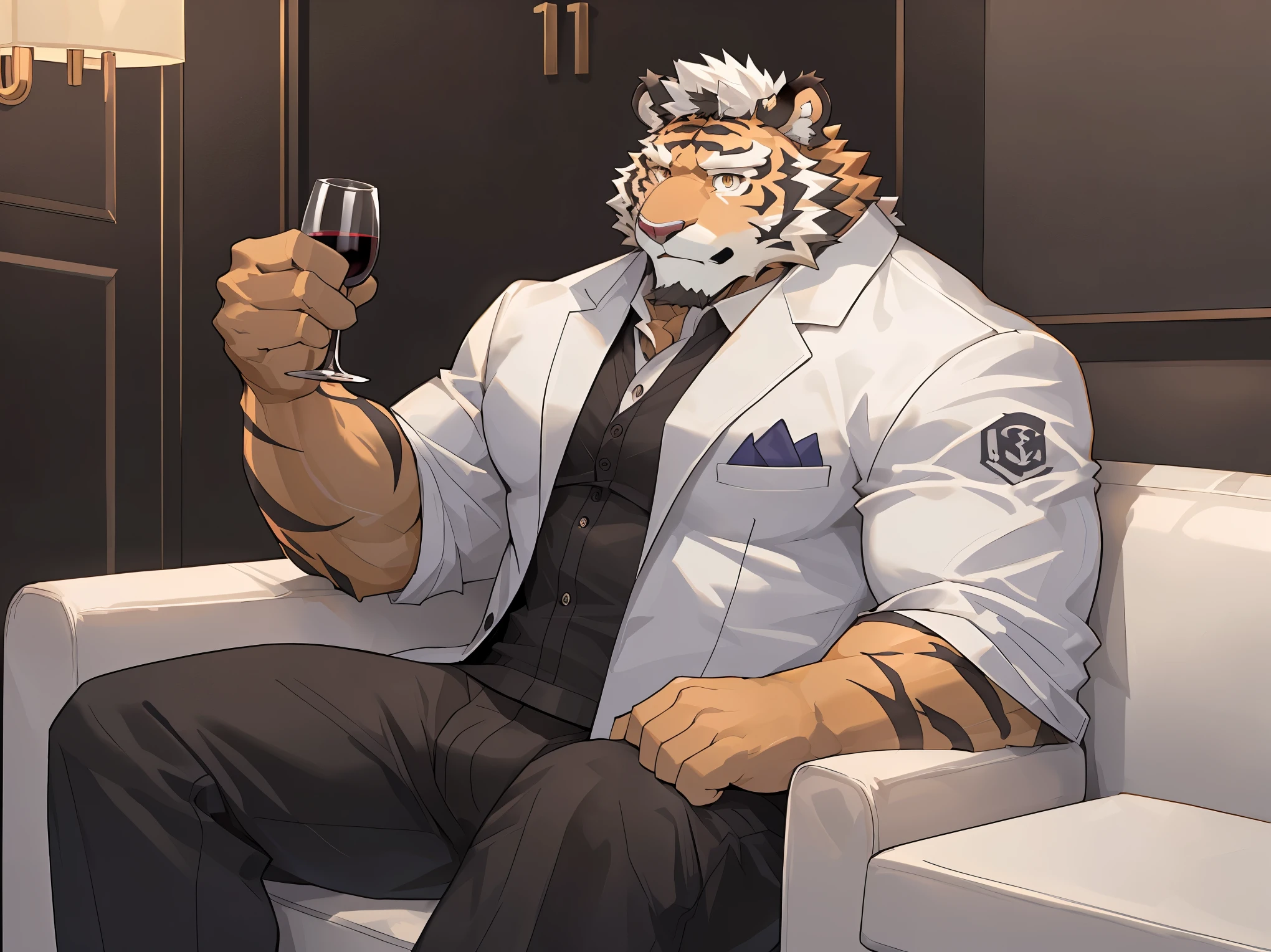 disney,anime character with tiger, tiger_beast, Firmware version, high resolution committee, ((tiger)), gigachad muscle发达的, muscle, only, muscle发达的!, anthropomorphic tiger, muscle发达的 character, Kushat Konzi, super detailed!!, muscle, beefy, body committee, Full body details are very rich,16k,(Full white suit body:1.4),(The two eyes are not the same color，Pupils of different colors:1.5),HD,(colored hair,Eyebrow:1.5),(Aloof:1.3),(Sitting on the sofa:1.3),(eyes cold:1.5),(dick:1.3),solo,Sitting on the sofa,(Facial detail drawing:1.6),(front view),Luxurious modern villa background,(white tiger tail),(white face pattern),(Body proportions are normal:1.3),(Holding a wine glass in his hand),(Aloof姿态),(Close up:1.3)