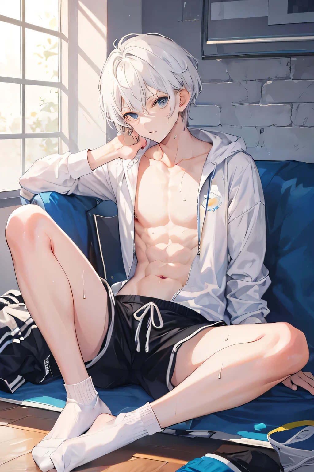 ((best quality)), ((masterpiece)), (detailed), perfect face,handsome man,sports student,short hair,white hair,topless,feeling of youth,white socks,shorts,sitting,There is sweat on the body