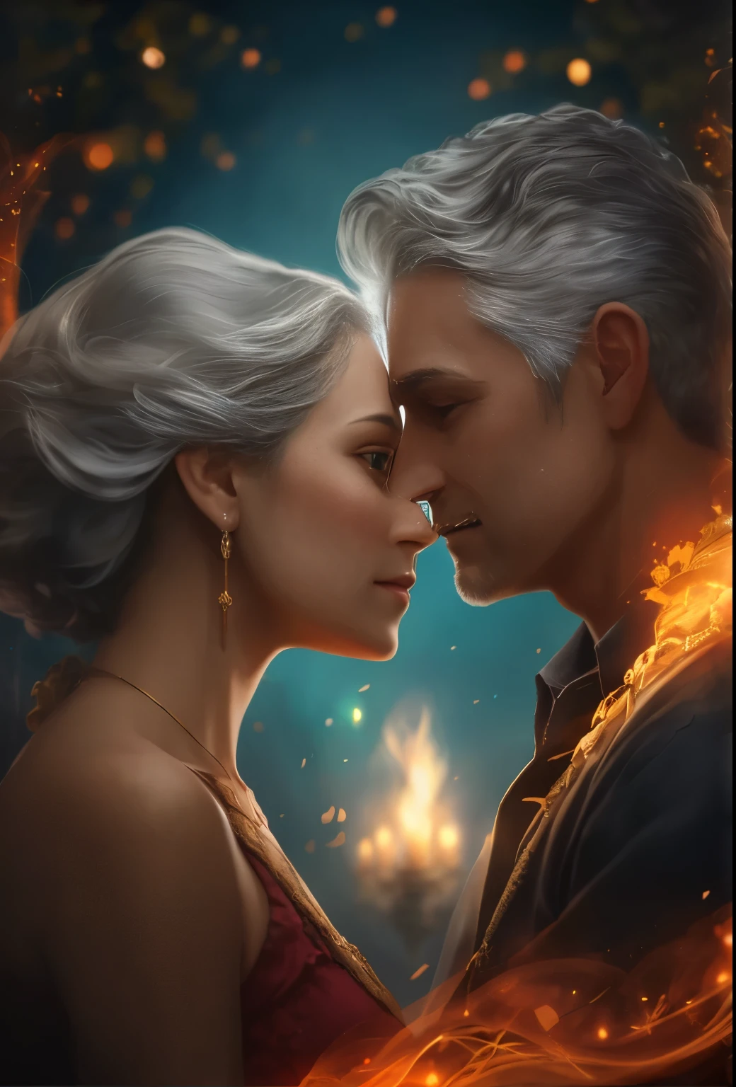 High resolution, portrait, boy and girl with dark hair, 38 years old, light gray hair, short haircut, yellow eyes, smile, crown, portrait, ballroom in the background, realism, fantasy