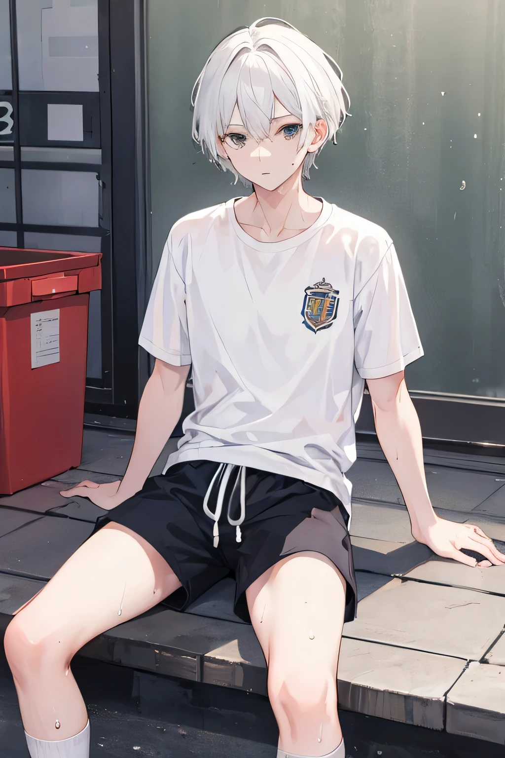 ((best quality)), ((masterpiece)), (detailed), perfect face,handsome man,sports student,short hair,white hair,topless,feeling of youth,white socks,shorts,sitting,There is sweat on the body