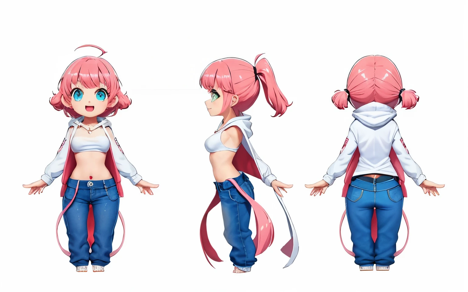 (white background:1.2),clean,(multiple views:1.2),(three views of character:1.2),(back:1.2),front,side.girl,jeans,long pants,small breasts,(hoodie:1.2),masterpiece,best quality,highres,oversized clothes, pink hair,